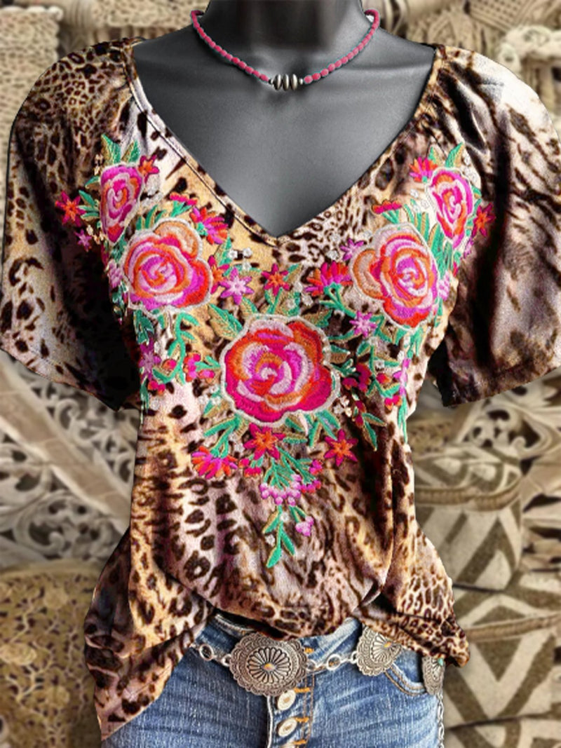 Women Short Sleeve Floral Shift Leopard Shirts & Tops