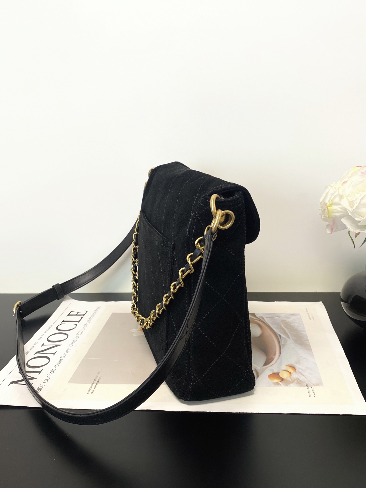 26C Hobo Flap Bag in Black Suede Calfskin with Gold Hardware (Model AS5886) - Mocuir