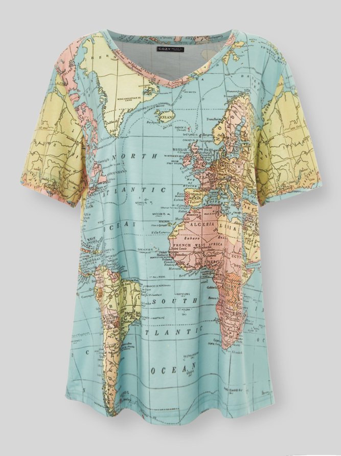 Printed V Neck Cotton Short Sleeve Shirts & Tops