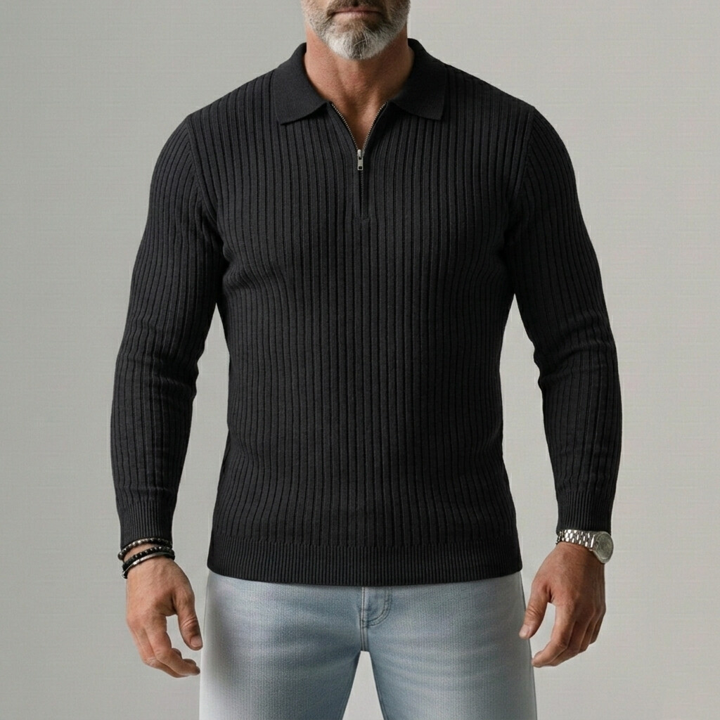 Men's Casual Half Zip Long Sleeve Ribbed Polo Shirts