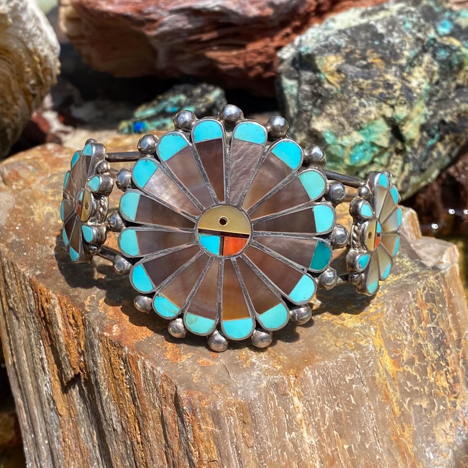 Zuni Sun God Bracelet Sterling Silver Mother Of Pearl Turquoise