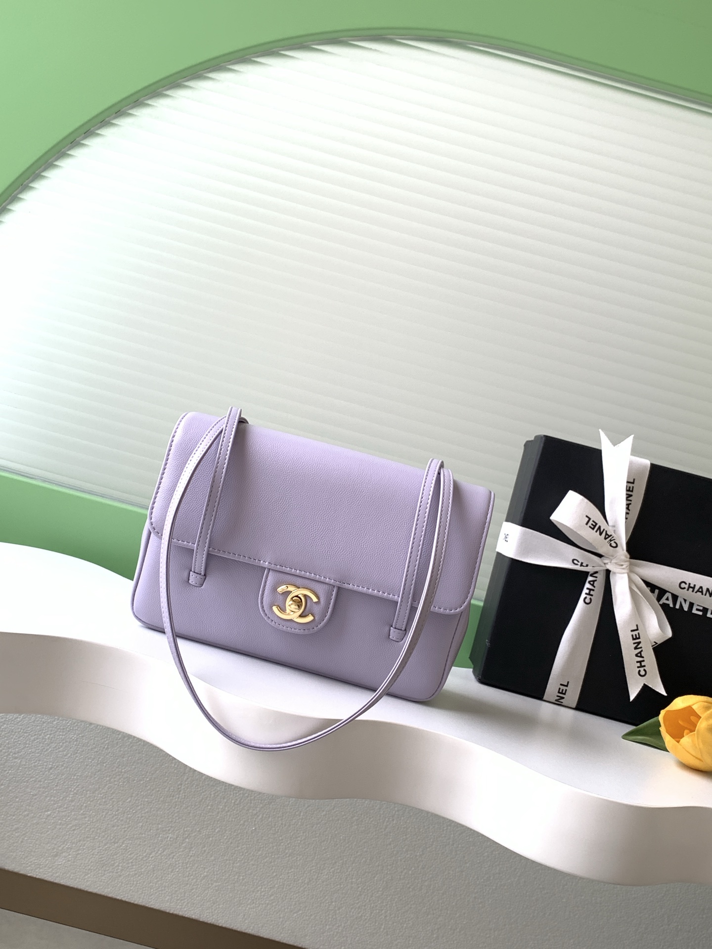 26P Preppy Coco Small Flap Bag in Lavender Grained Shiny Calfskin with Gold-Tone Hardware - Mocuir
