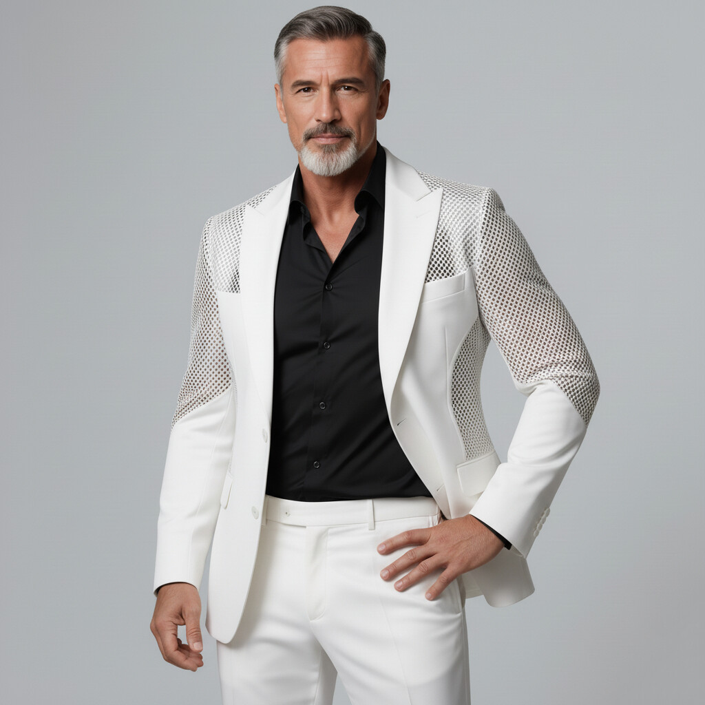 Men's Business Casual White Hollow Out Mesh Patchwork Peak Lapel Blazer