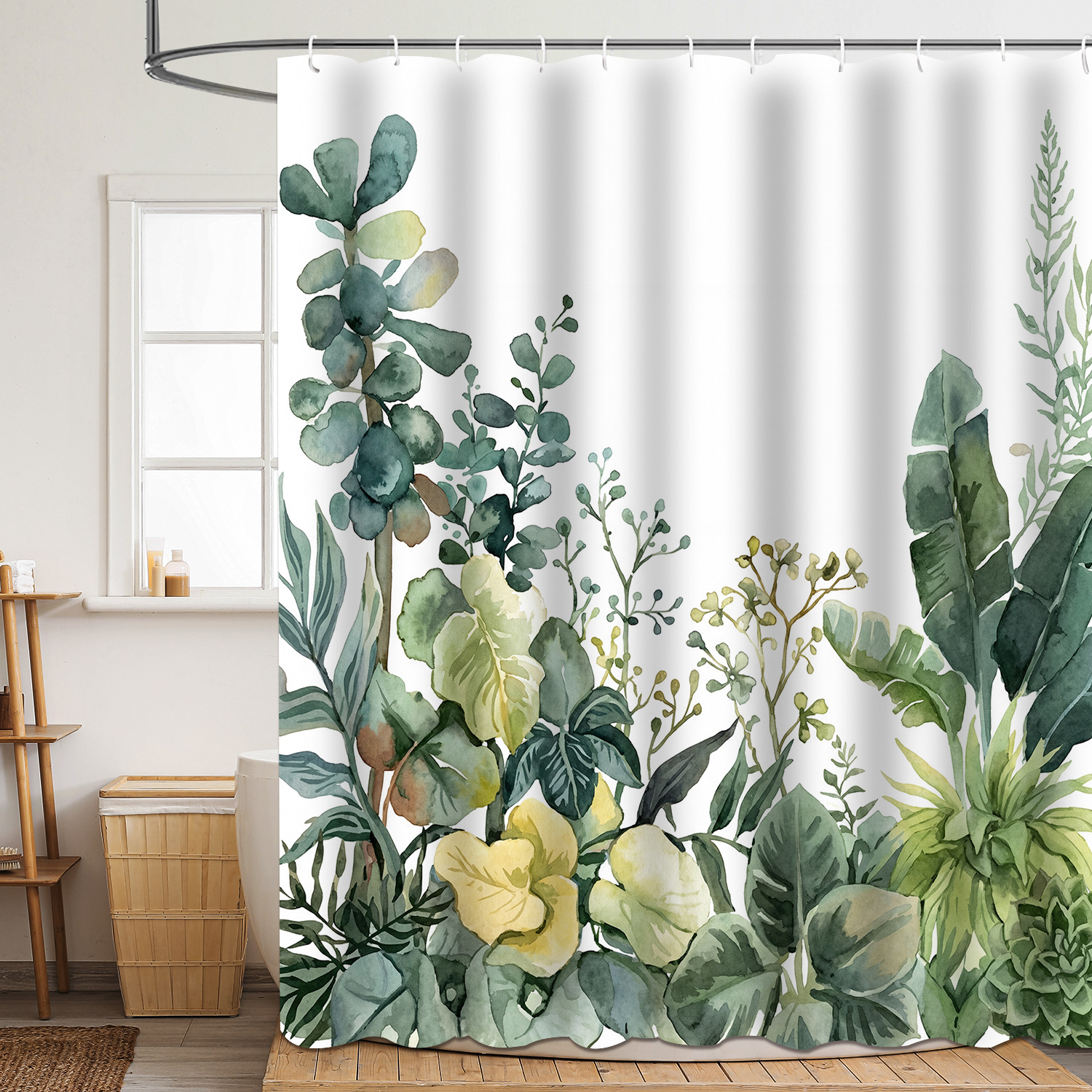 Shower curtain green plant leaf polyester 3d digital printing waterproof and mildew-proof shower bathroom partition