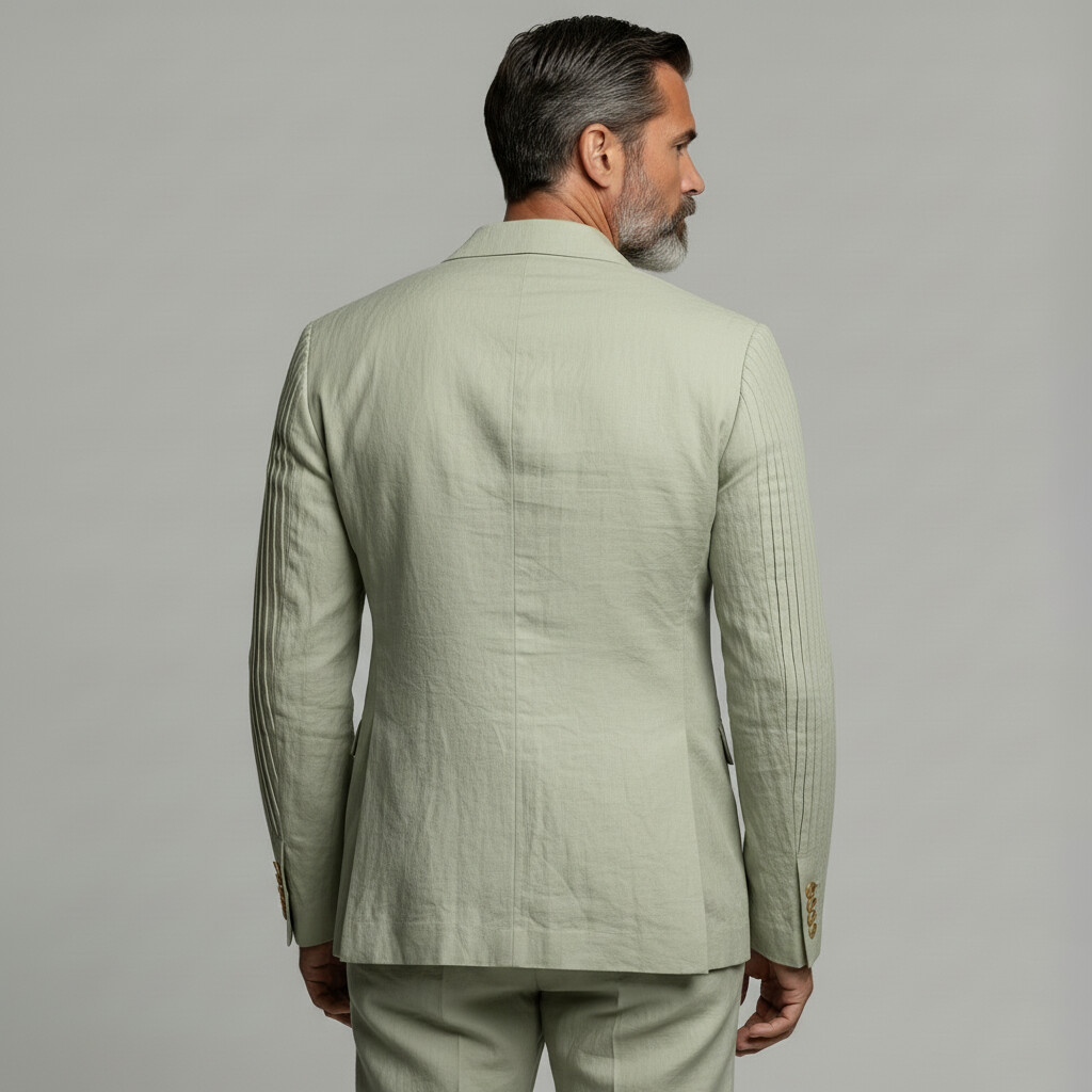 Men's Business Casual Sage Green One Button Peak Lapel Pleated Long Sleeve Blazer