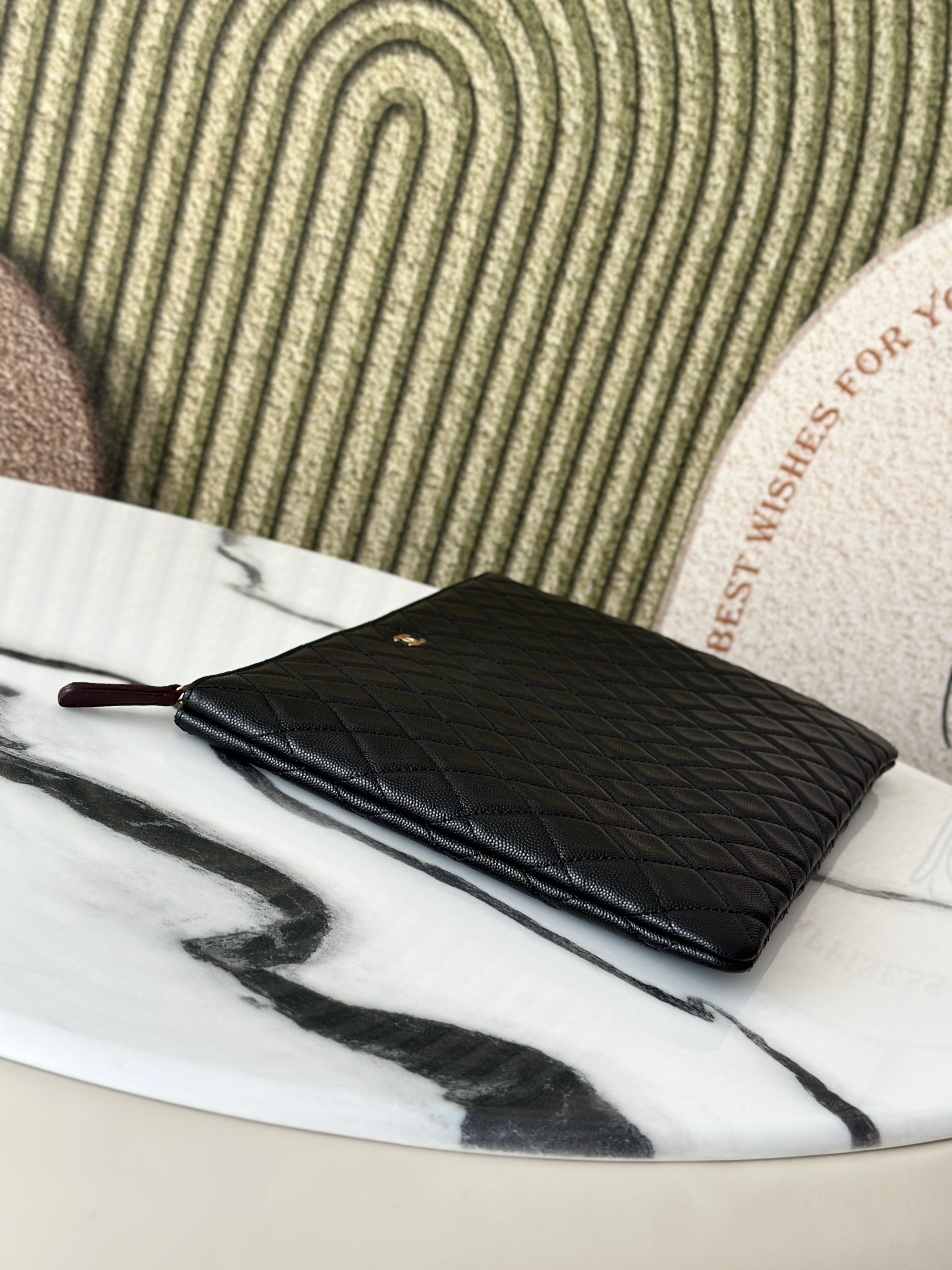 Classic Quilted Caviar Large Zip Pouch Document Case in Black with Gold-Tone Hardware - Mocuir