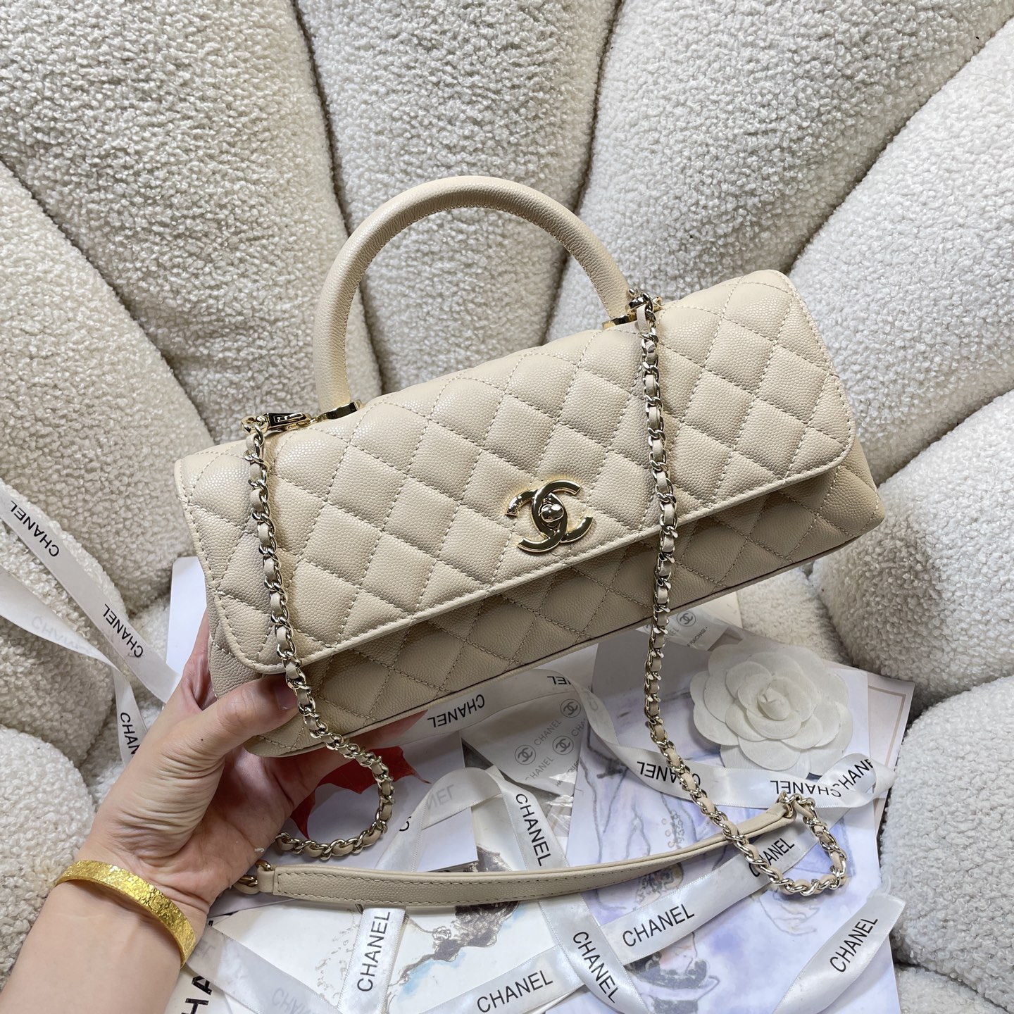 Spring-Summer 2026 Light Beige Quilted Caviar Calfskin Top Handle Flap Bag with Gold-Tone Hardware - Mocuir