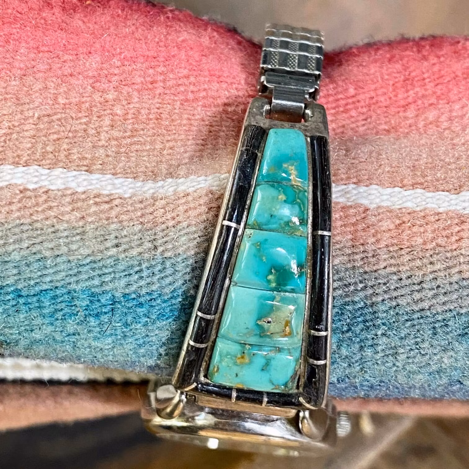 Turquoise Inlay Watch Band by Wilbur Musket Jr Navajo