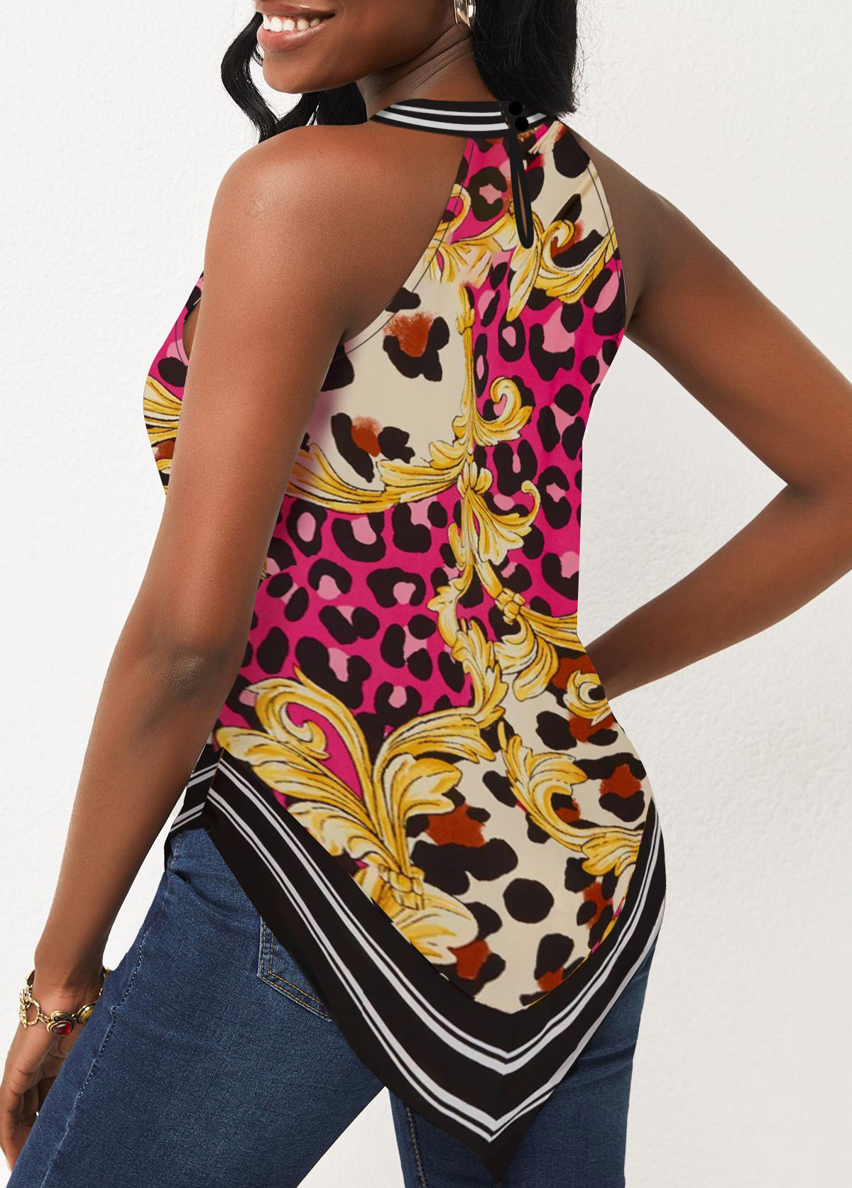 Leopard Rose Red Baroque Print Bib Neck Tank Top