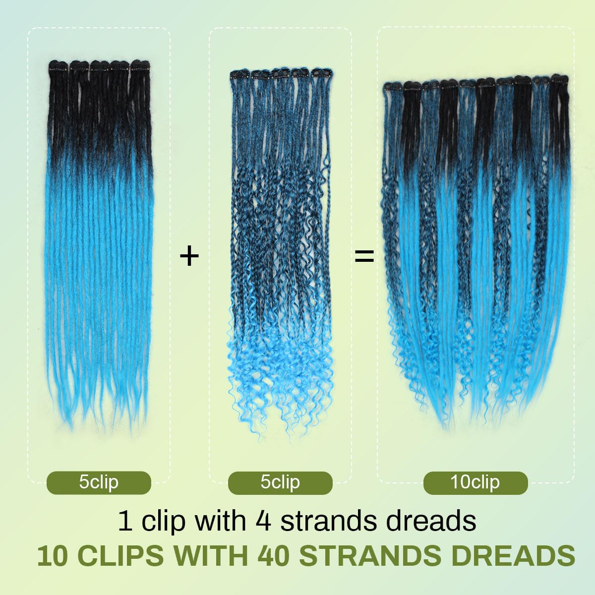 10PCS Clip in Dreadlock Extensions Full Sets, 24 inch Synthetic Clip Dreads Extensions Handmade Soft(Black/Blue, Clip-in 40 Strands)