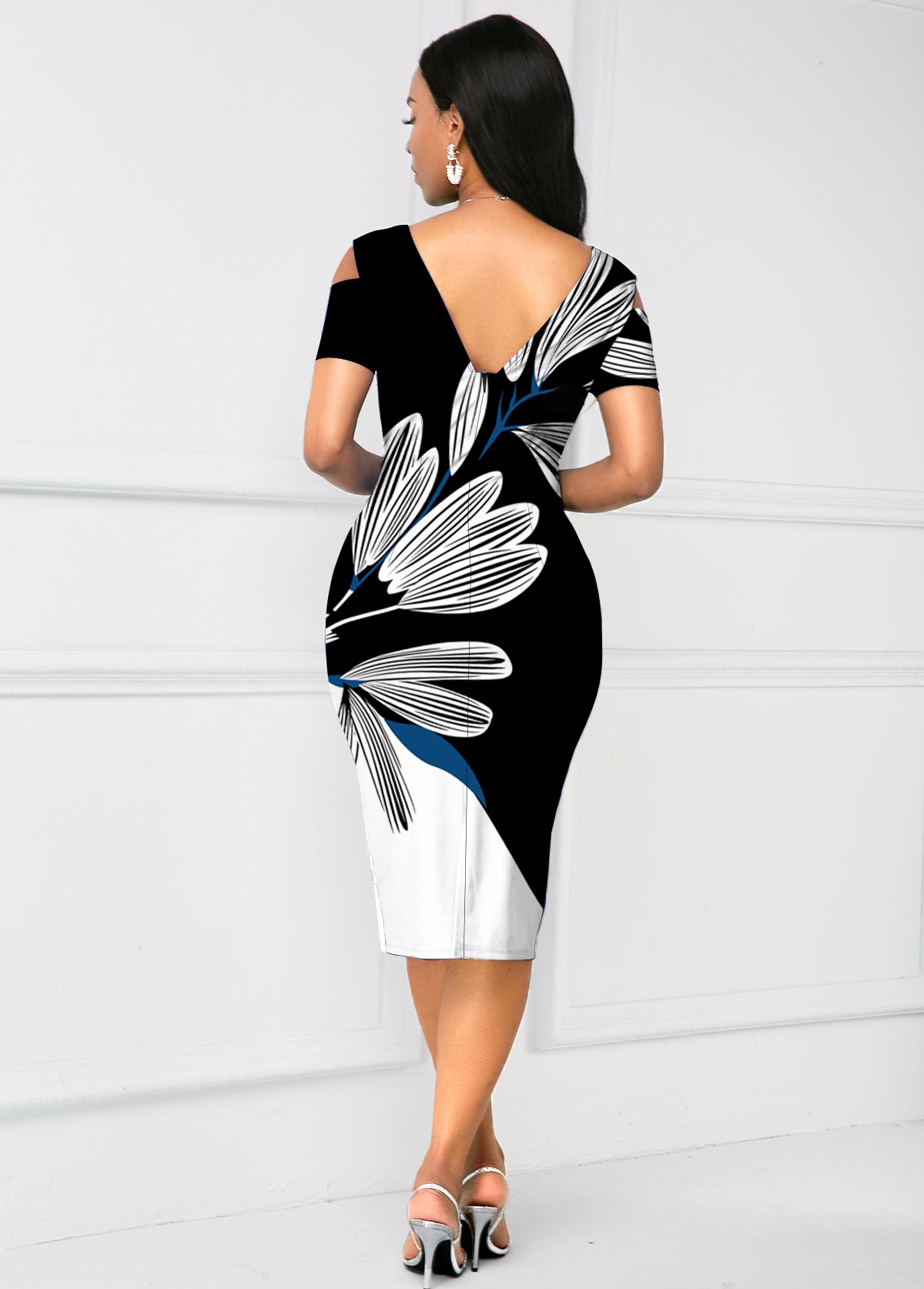 Contrast V Neck Floral Print Bodycon Dress