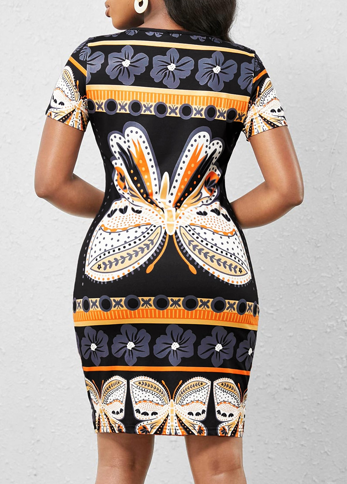 Black Round Neck Butterfly Print Bodycon Dress