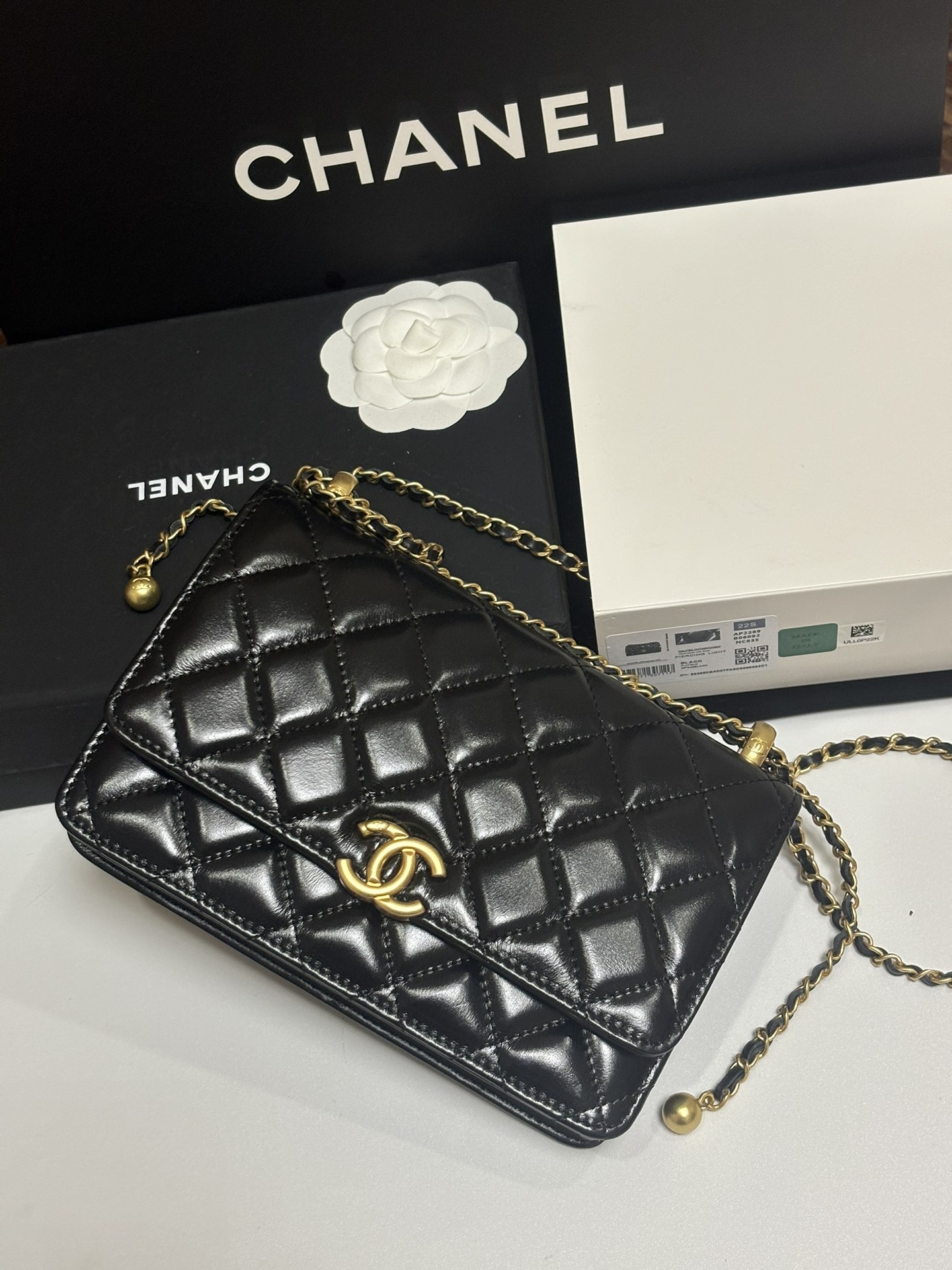 Classic Quilted Lambskin Wallet on Chain with Gold Ball in Black (Gold Hardware) - Mocuir