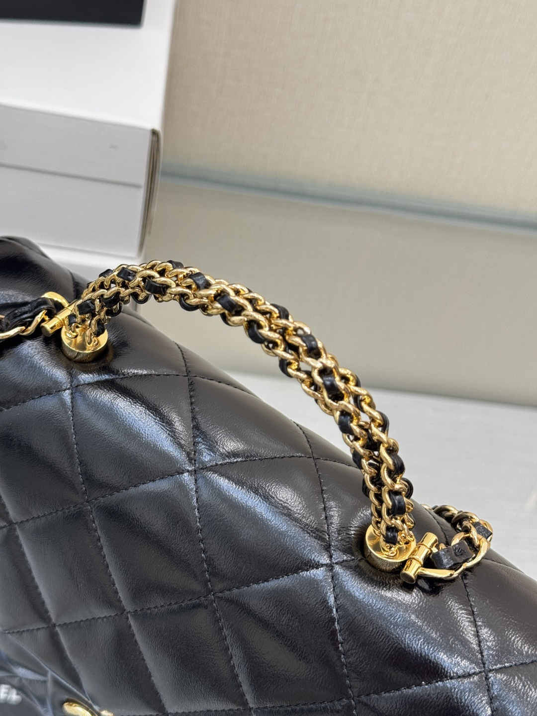 24B Classic Flap Large with Twist Handle in Black Waxed Lambskin with Gold-Tone Hardware (Model AS5166) - Mocuir