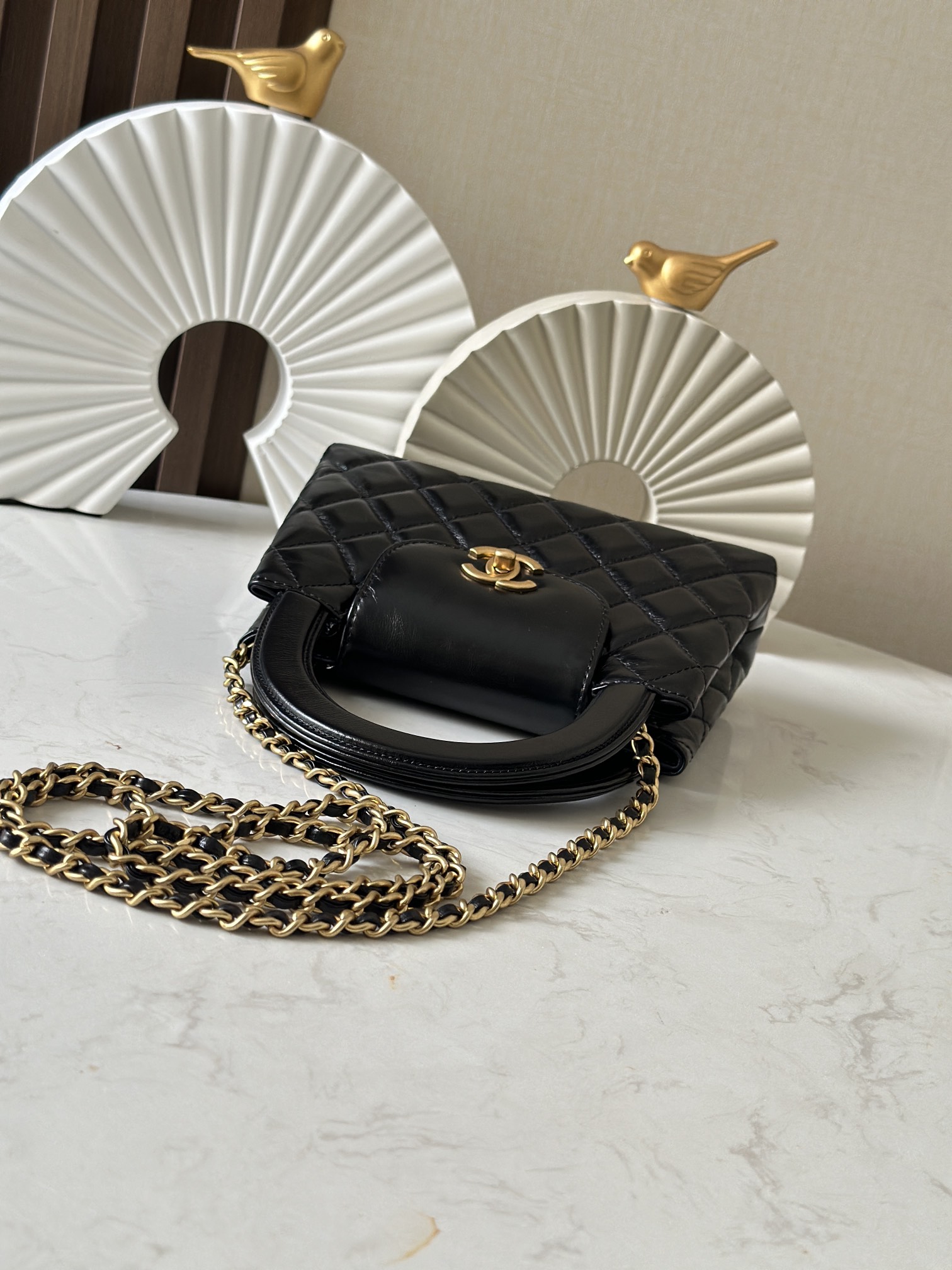 Black Shiny Calfskin Quilted Mini Kelly-Style Handbag with Gold Hardware - Mocuir