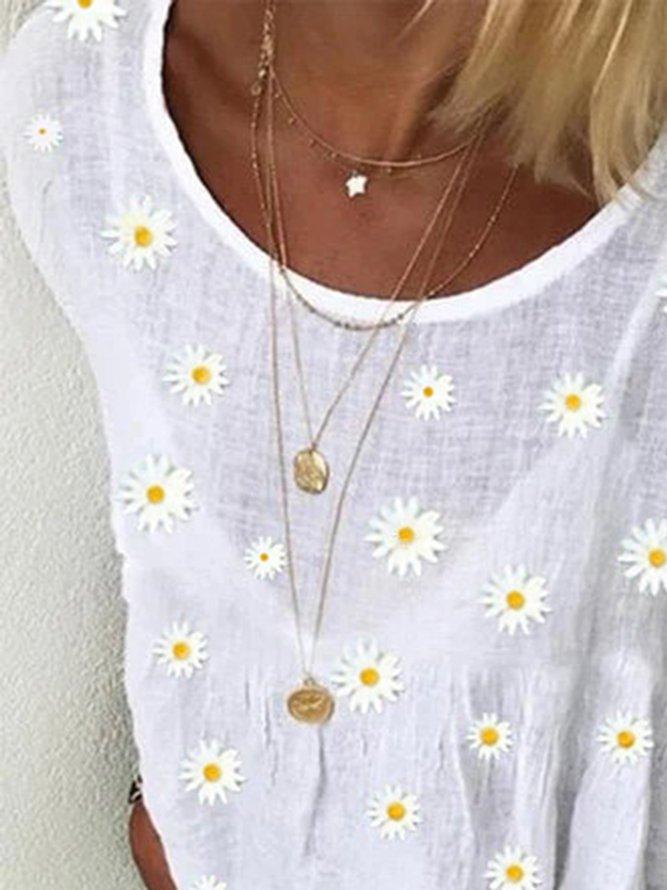 White Shift Embroidered Cotton-Blend 3/4 Sleeve Shirts & Tops