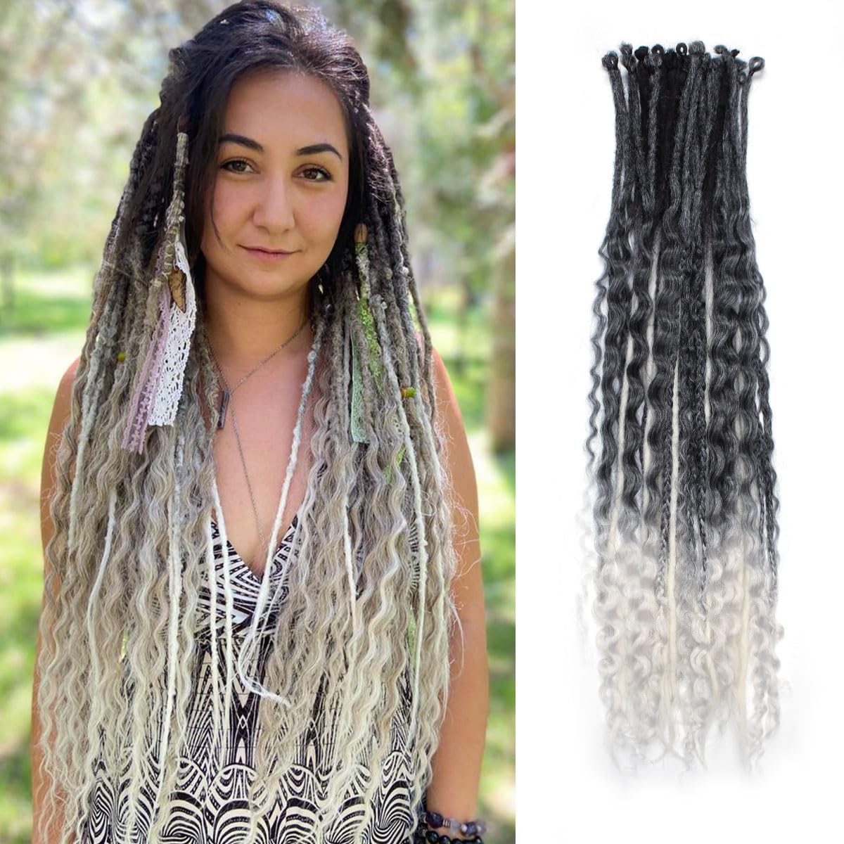 24 Inch 3 In 1 Dreadlock Extensions Sets, 30 Strands Mixed Gray to White Synthetic SE Dreads Extensions, 100% Handmade Soft Single Ended Curly Boho Wavy Dreads for Girls
