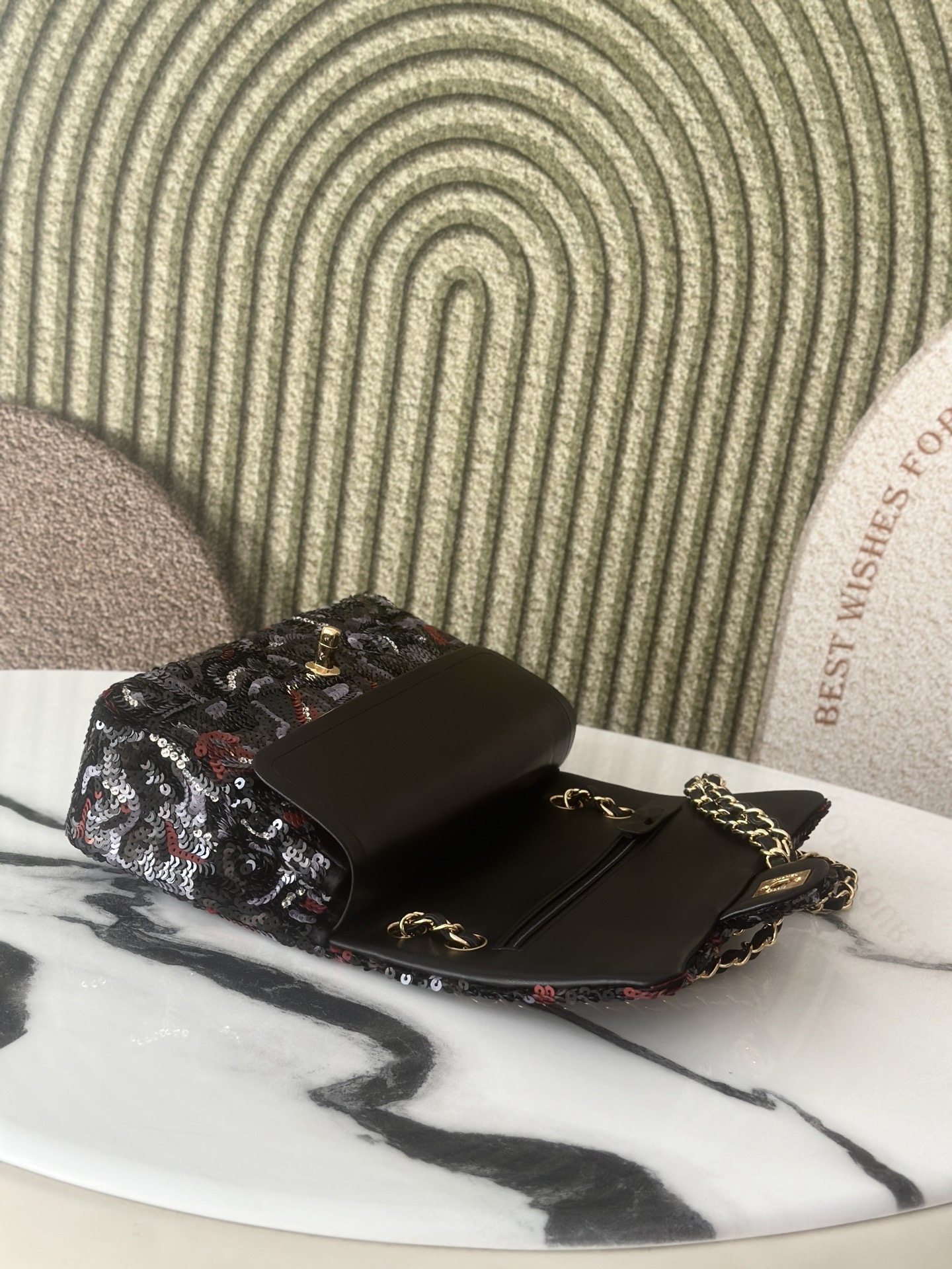 Limited Edition Black Red Grey Sequin Abstract Quilted Mini Classic Flap Bag with Gold-Tone Hardware - Mocuir