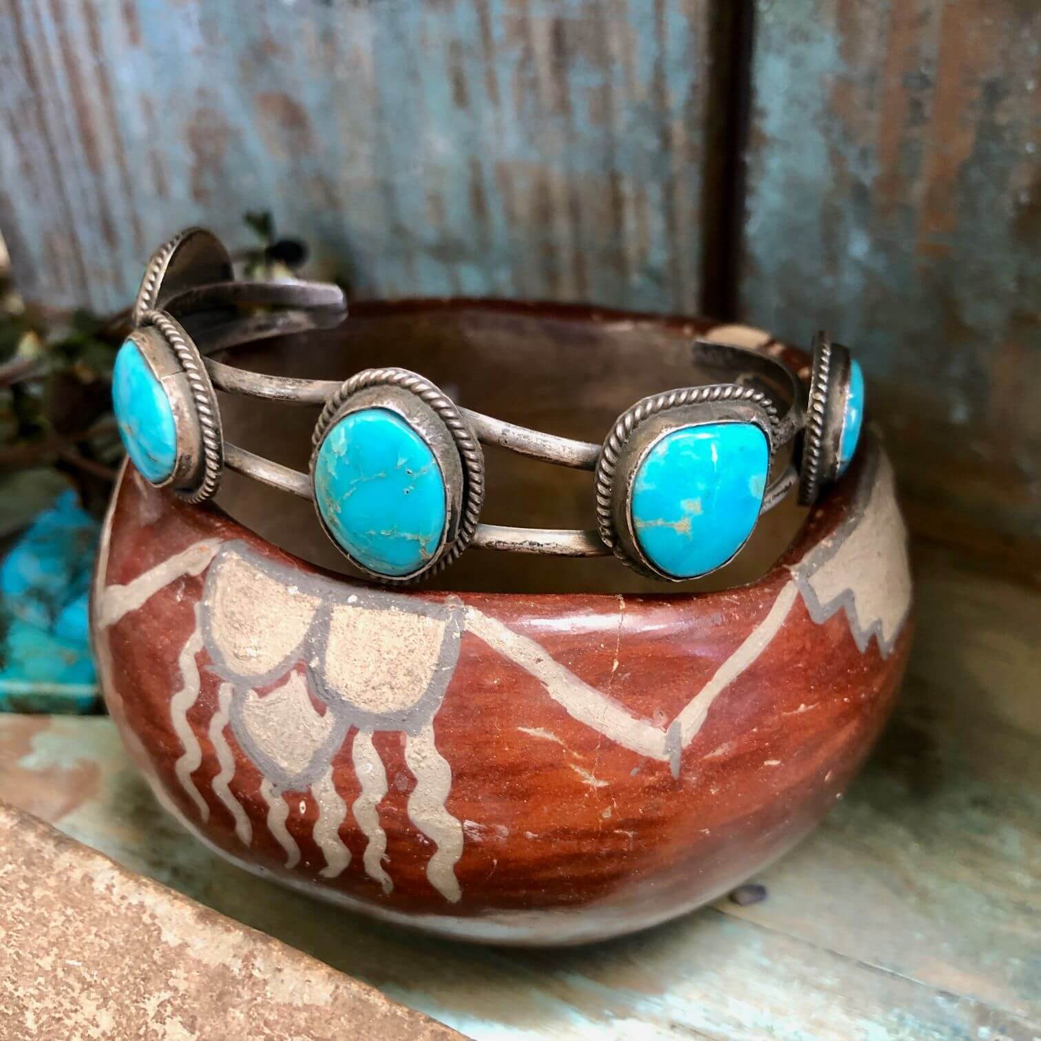 Navajo Blue Turquoise Row Bracelet in Sterling Silver