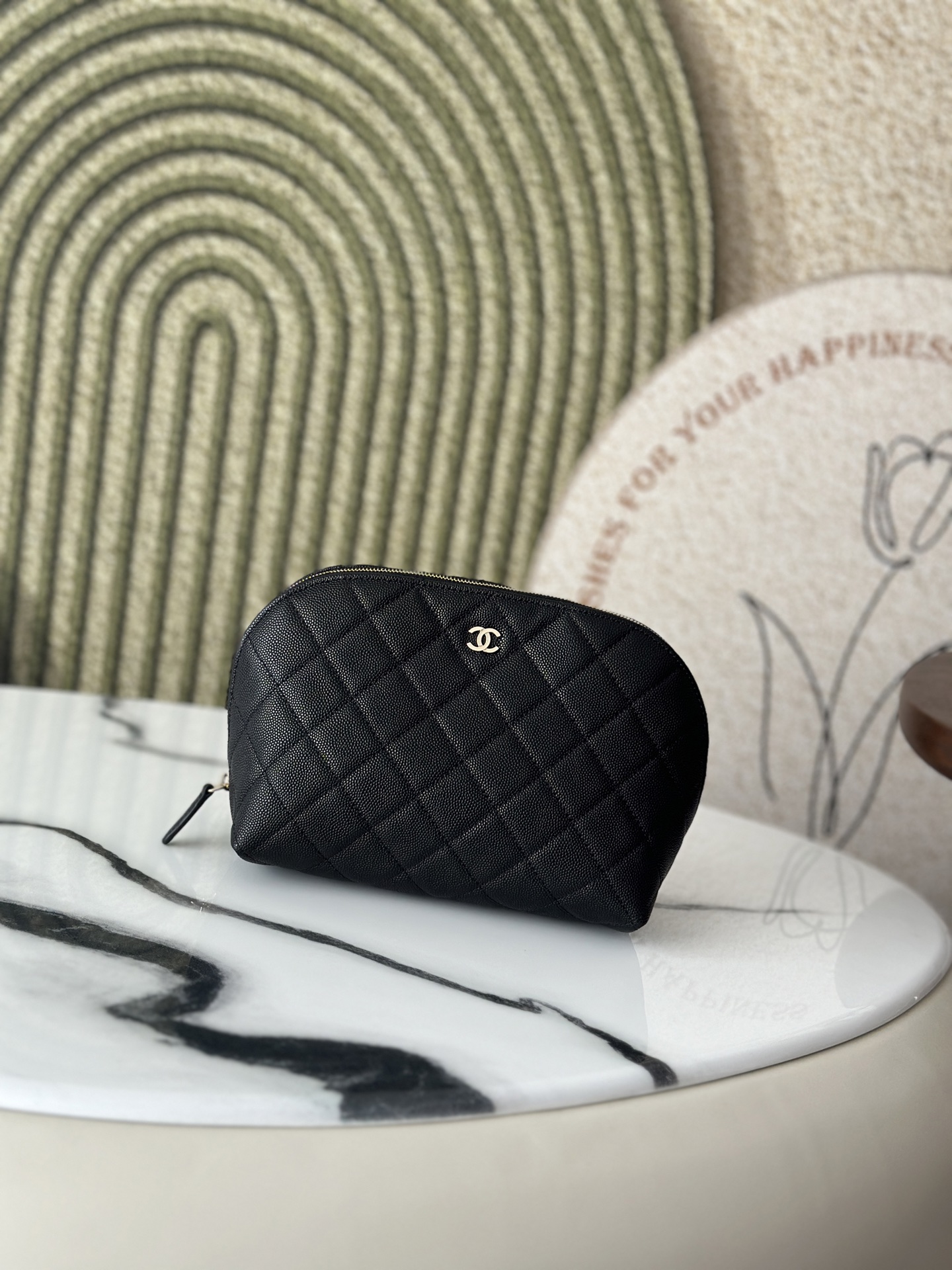 Classic Quilted Caviar Curvy Pouch Cosmetic Case in Black with Gold-Tone Hardware - Mocuir