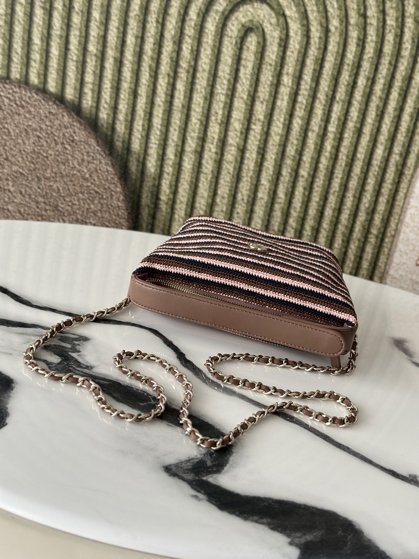 26P Cruise Mini Hobo Pouch with Chain in BrownPinkNavy Striped Crochet and Lambskin with Light Gold-Tone Hardware - Mocuir