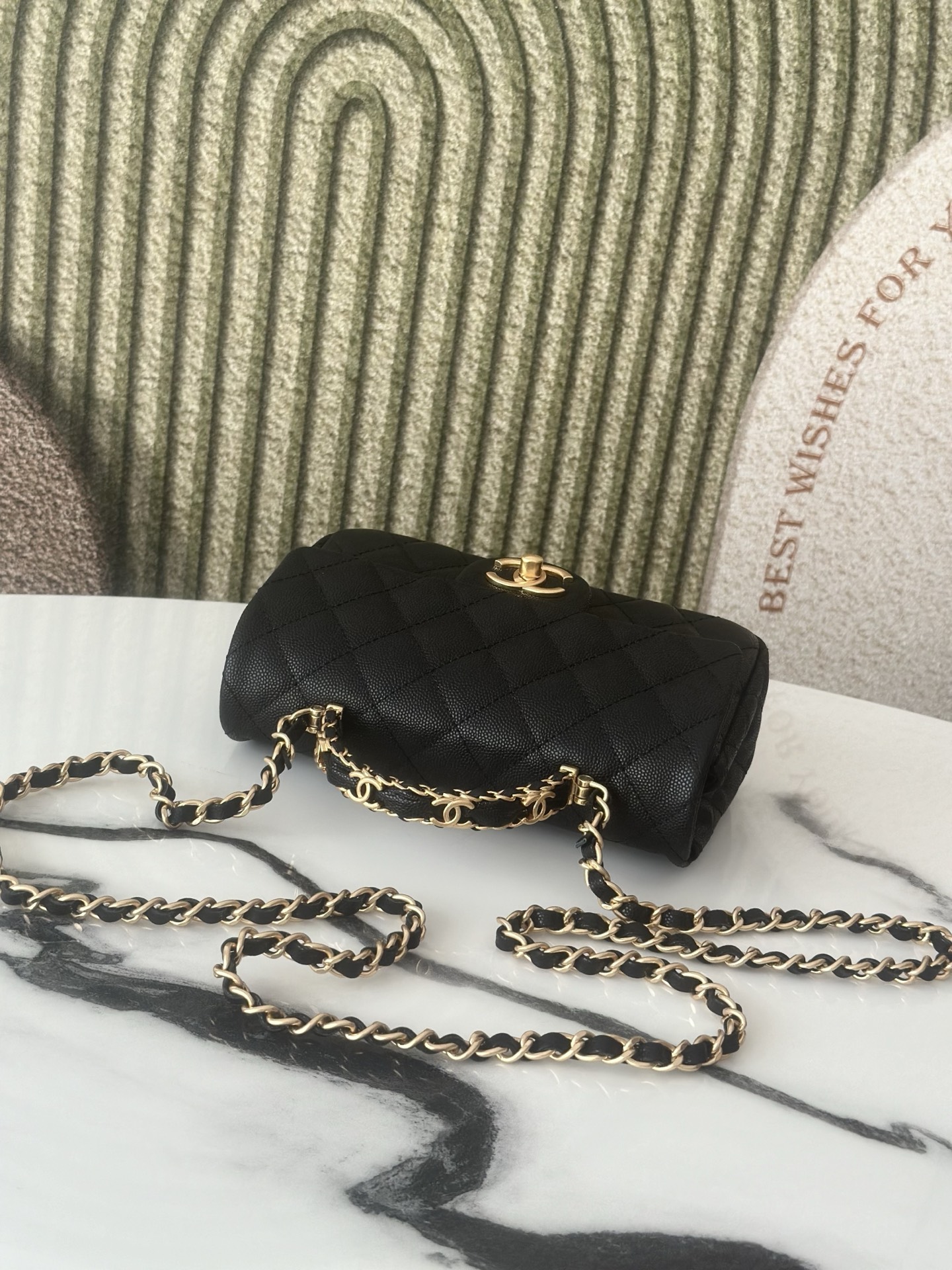 Classic Flap Mini with Top Handle in Black Quilted Caviar Leather with Gold-Tone Hardware - Mocuir