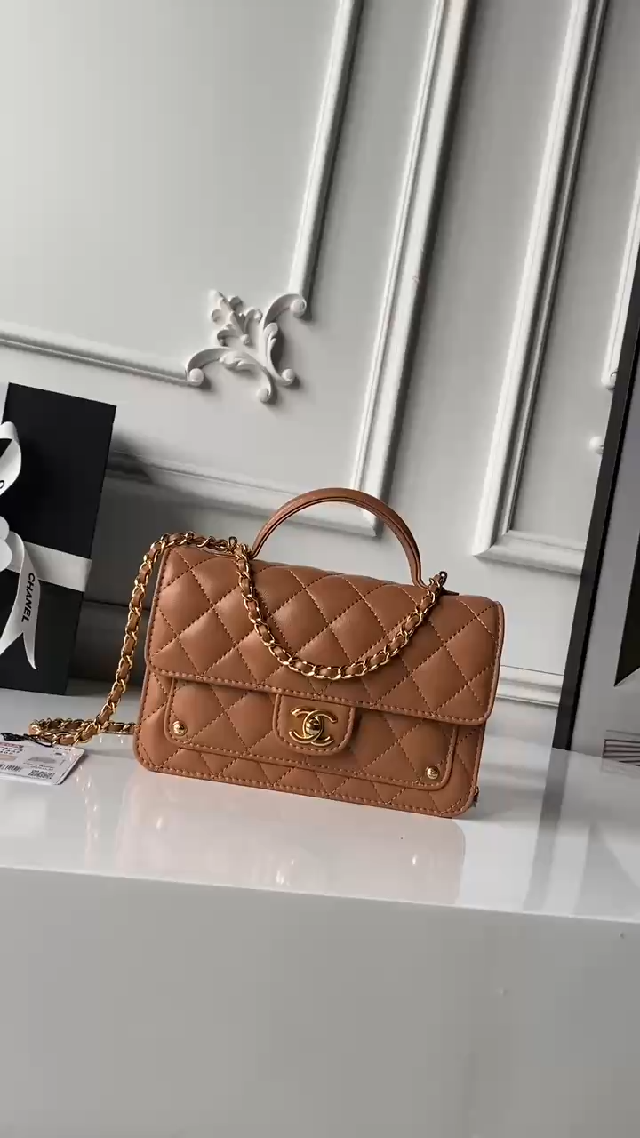 Mini Top Handle Flap Messenger Bag in Caramel Quilted Lambskin with Light Gold-Tone Hardware - Mocuir