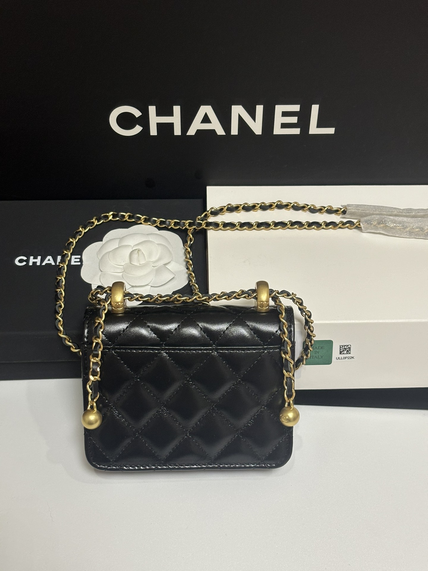 Classic Quilted Lambskin Wallet on Chain with Gold Ball in Black (Gold Hardware) - Mocuir