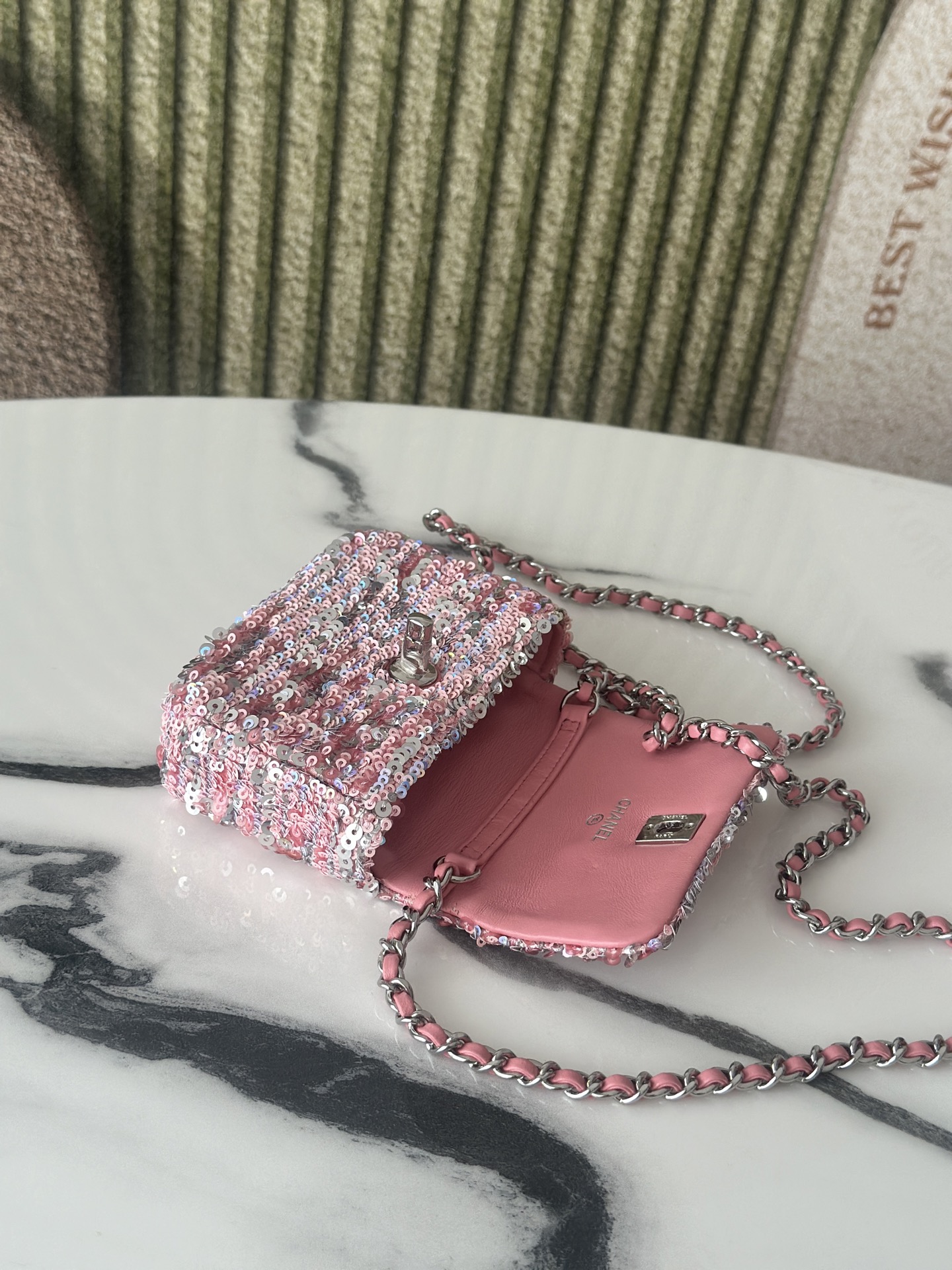 23C Large Mini Classic Flap Bag (AS3965) in Peach Pink Hand-Embroidered Sequins on Lambskin with Silver-Tone Hardware - Mocuir