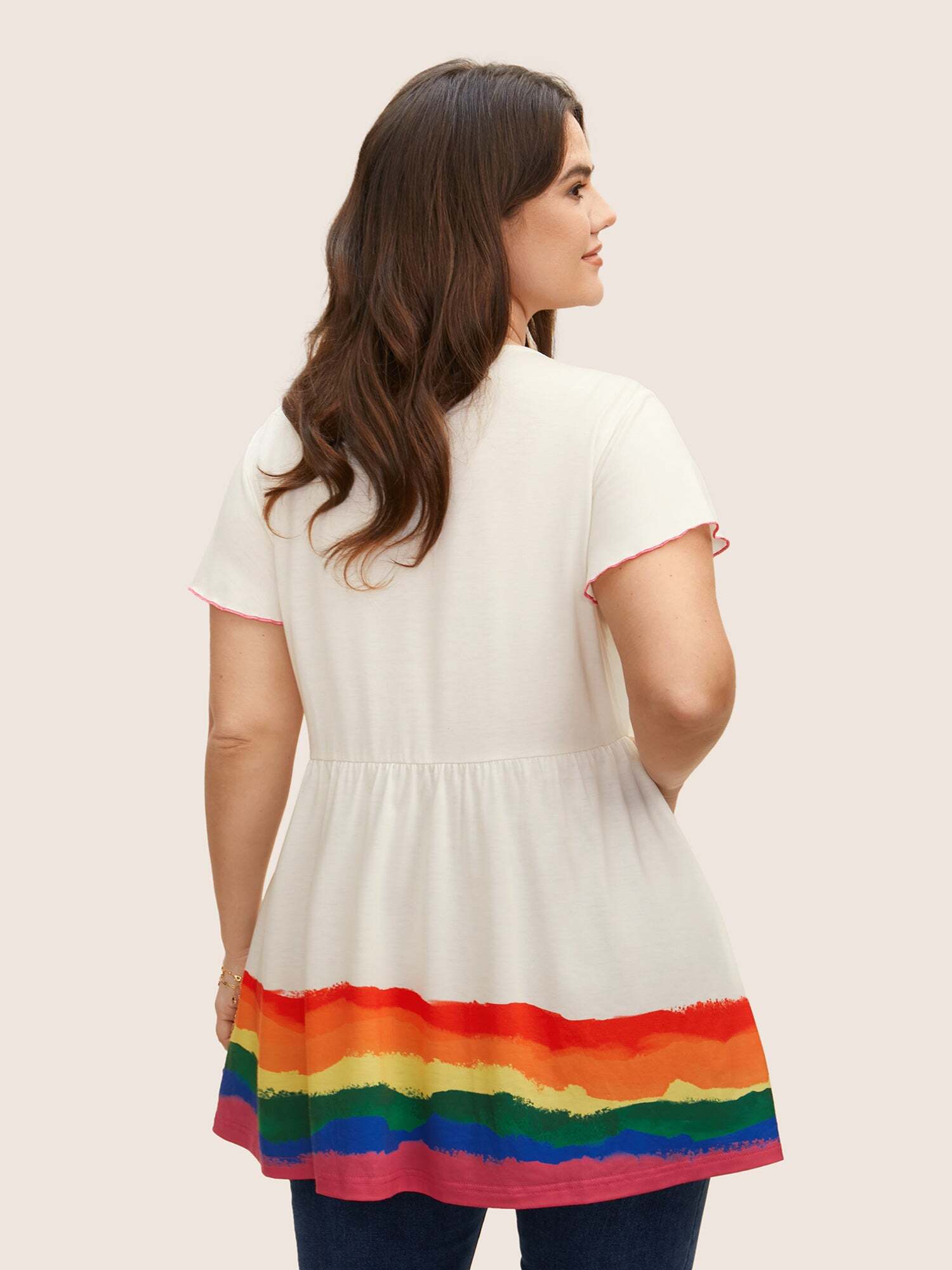 V Neck Colorblock Contrast Ruffle Sleeve T-shirt