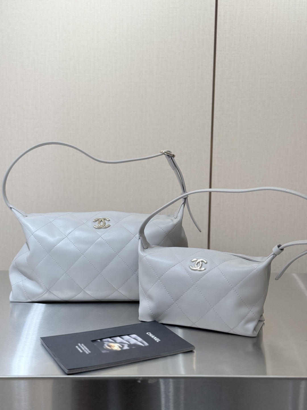 26P Hobo Shoulder Bag in Light Grey Quilted Lambskin with Light Gold-Tone Hardware - Mocuir