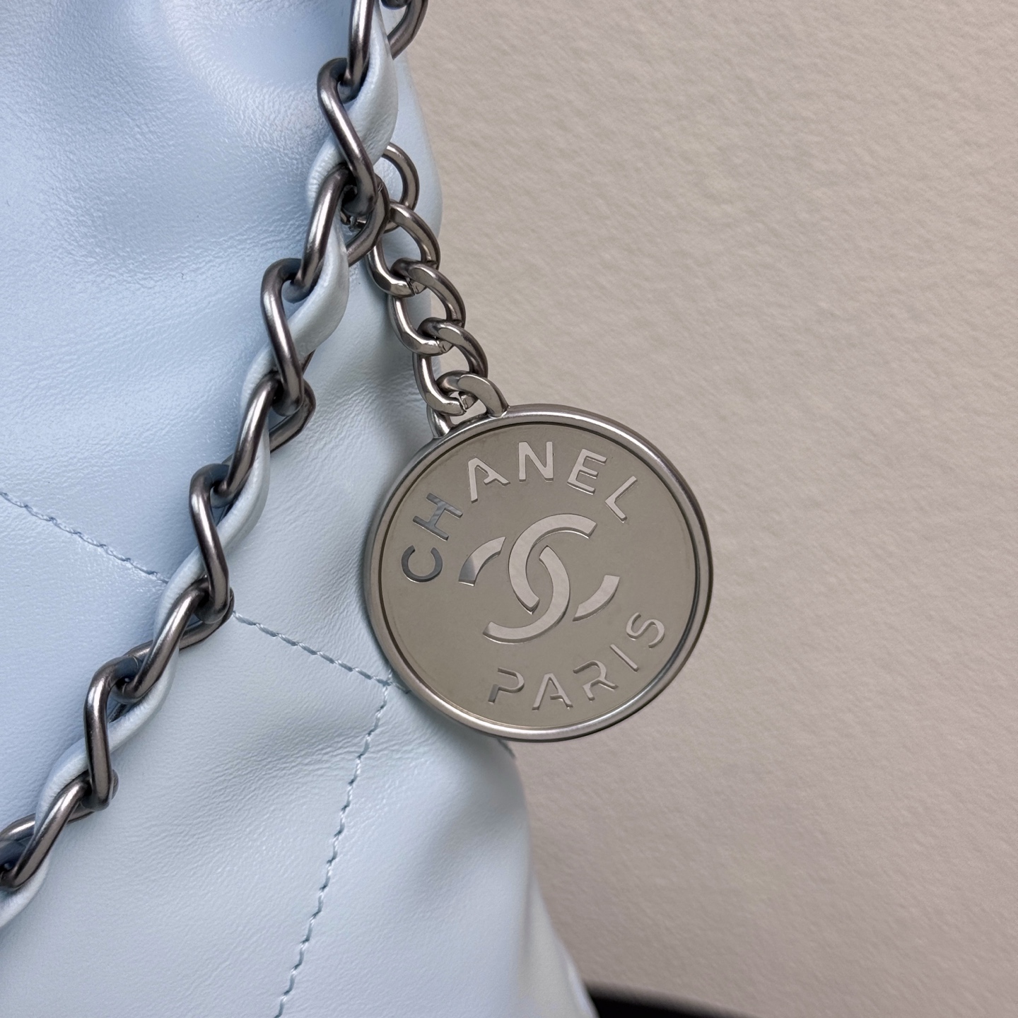 22 Bag Quilted Shiny Calfskin in Light Blue (Silver Hardware) - Mocuir