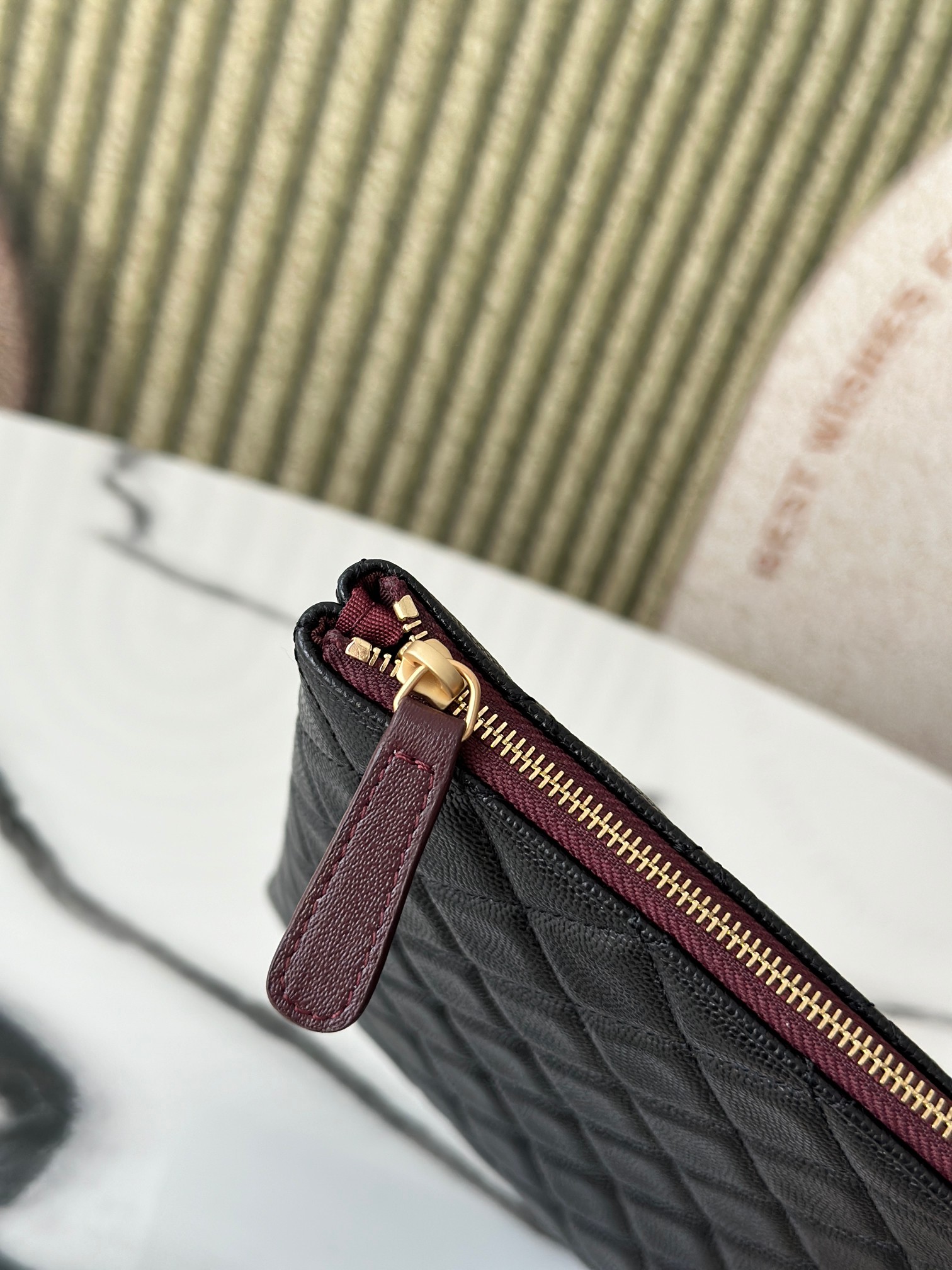 Classic Quilted Caviar Large Zip Pouch Document Case in Black with Gold-Tone Hardware - Mocuir