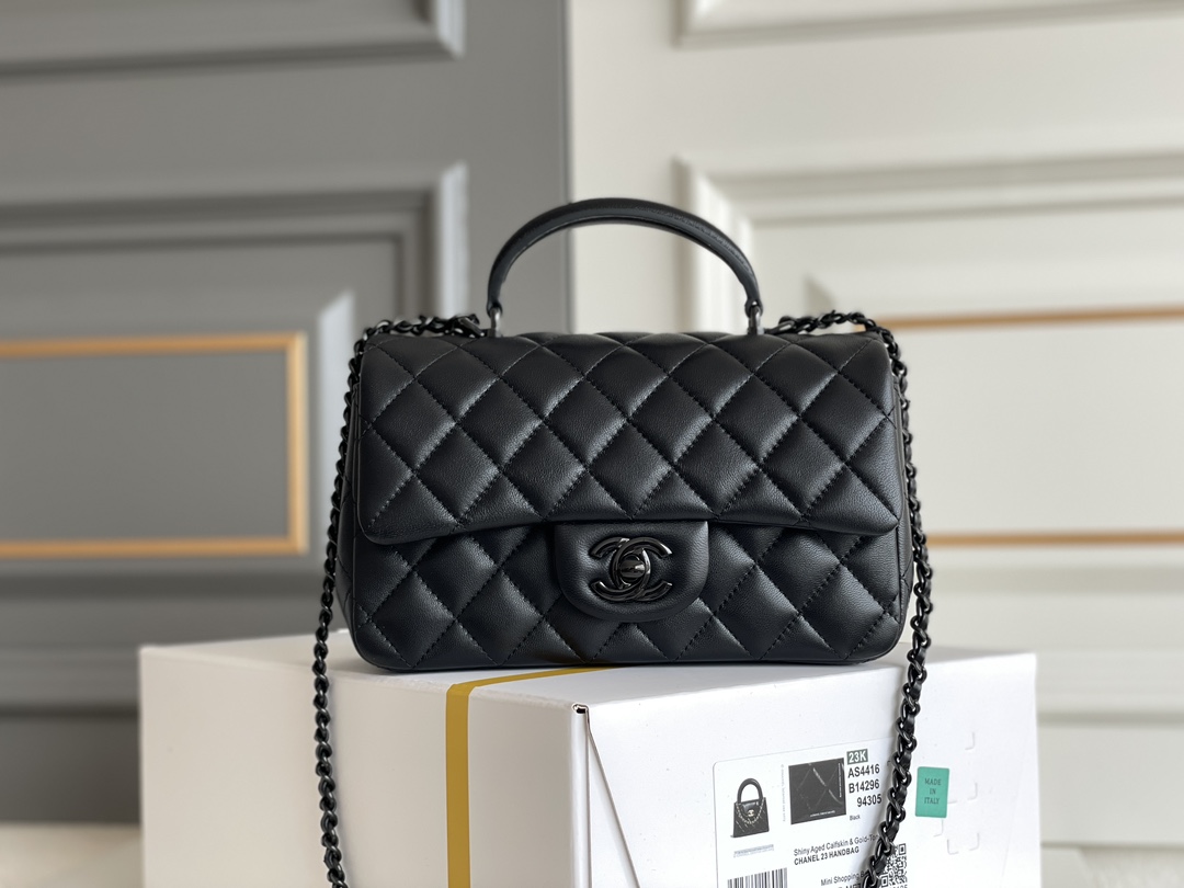 23K Mini Shopping Bag (Mini Kelly) in Black Shiny Aged Lambskin with RutheniumBlack-Tone Hardware (Model AS4416) - Mocuir