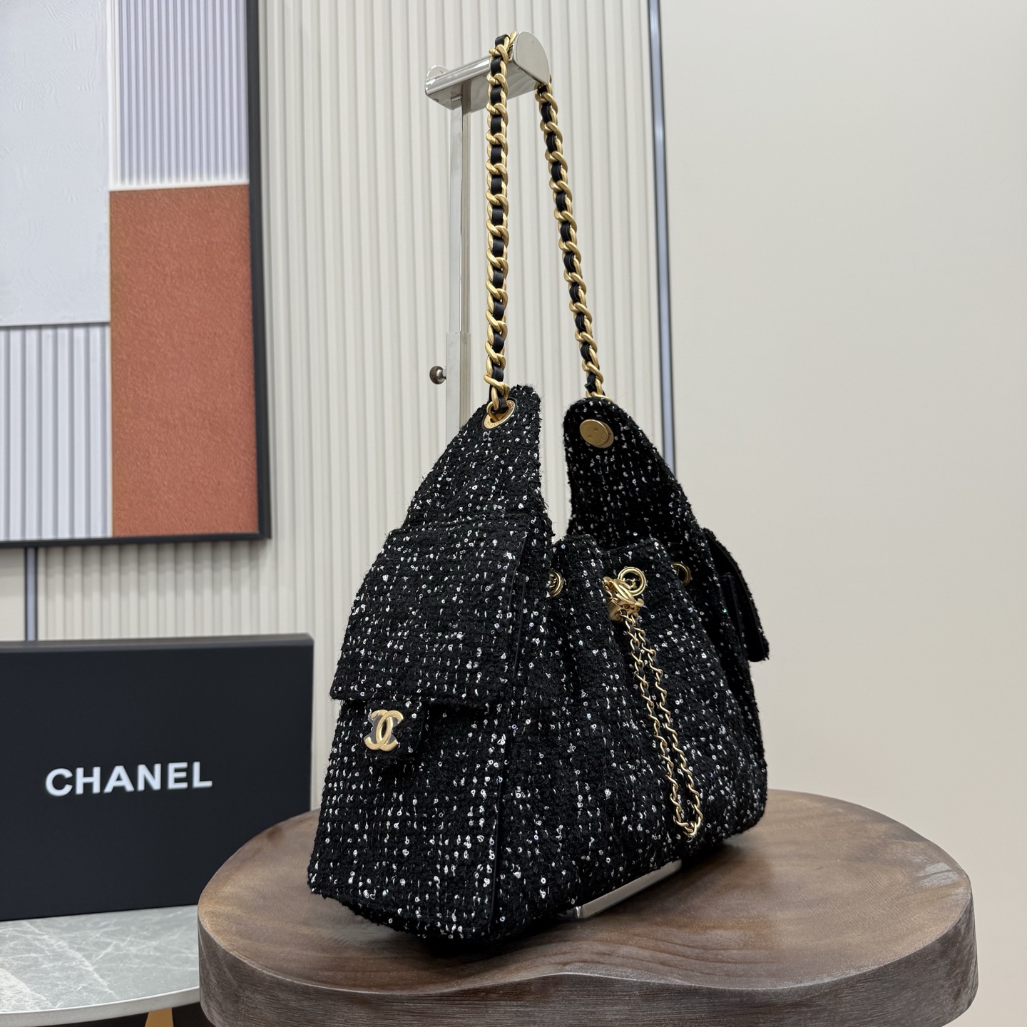 25 Small Hobo Bag (AS5293) in Black Tweed with Gold-Tone Hardware, 25S Spring-Summer Collection - Mocuir