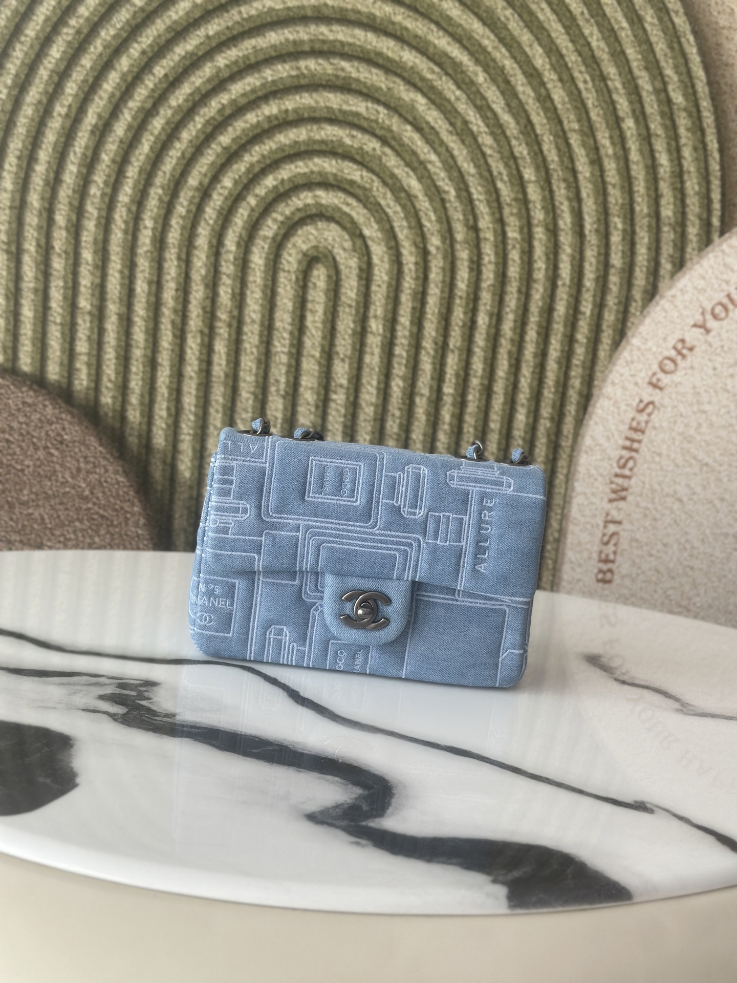 Classic Single Flap Bag in Light Blue Denim with Perfume Bottle Print (Silver Hardware) - Mocuir