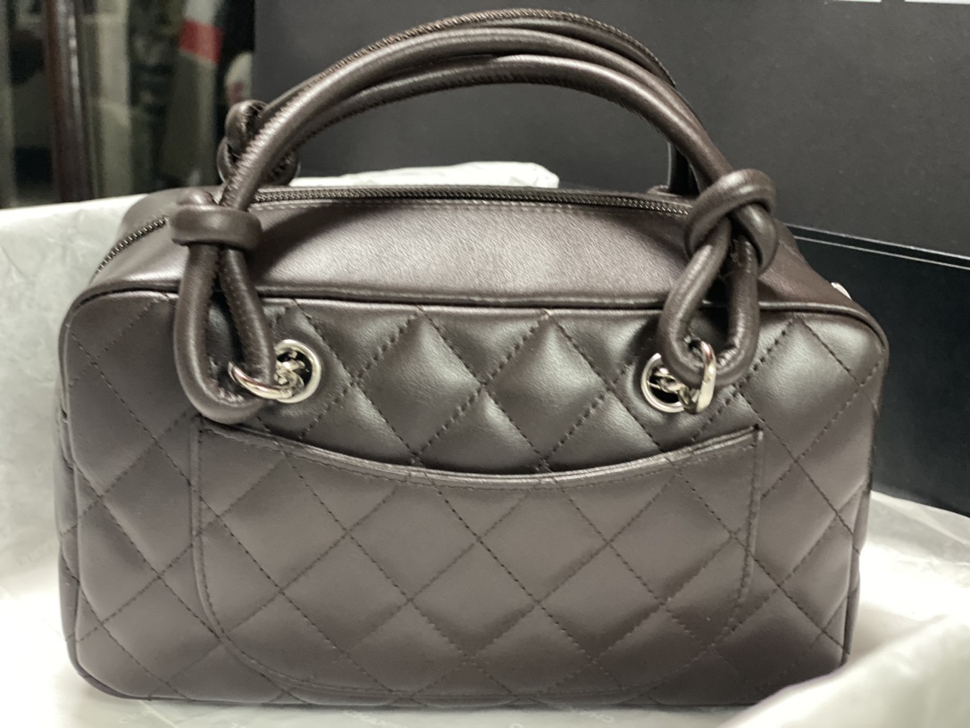 Cambon Mini Quilted Lambskin Boston Bag in Dark Brown (Silver Hardware) - Mocuir