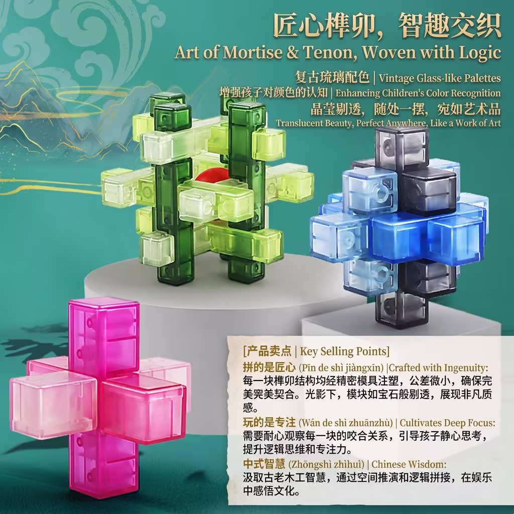 Transparent Glazed Luban Lock 3D Puzzle Set | Colorful Mortise and Tenon Brain Teasers 复古琉璃色鲁班锁 3D 益智套装 | 多彩榫卯解锁玩具