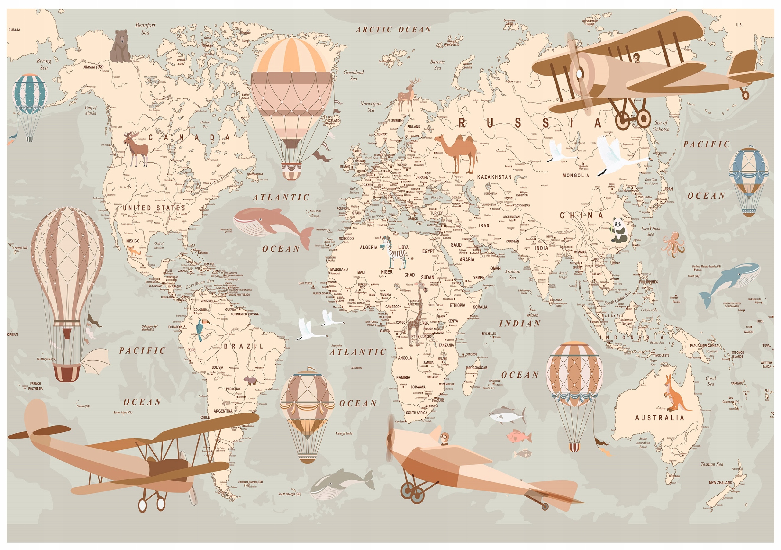 Children's wall mural world map animals wallpaper