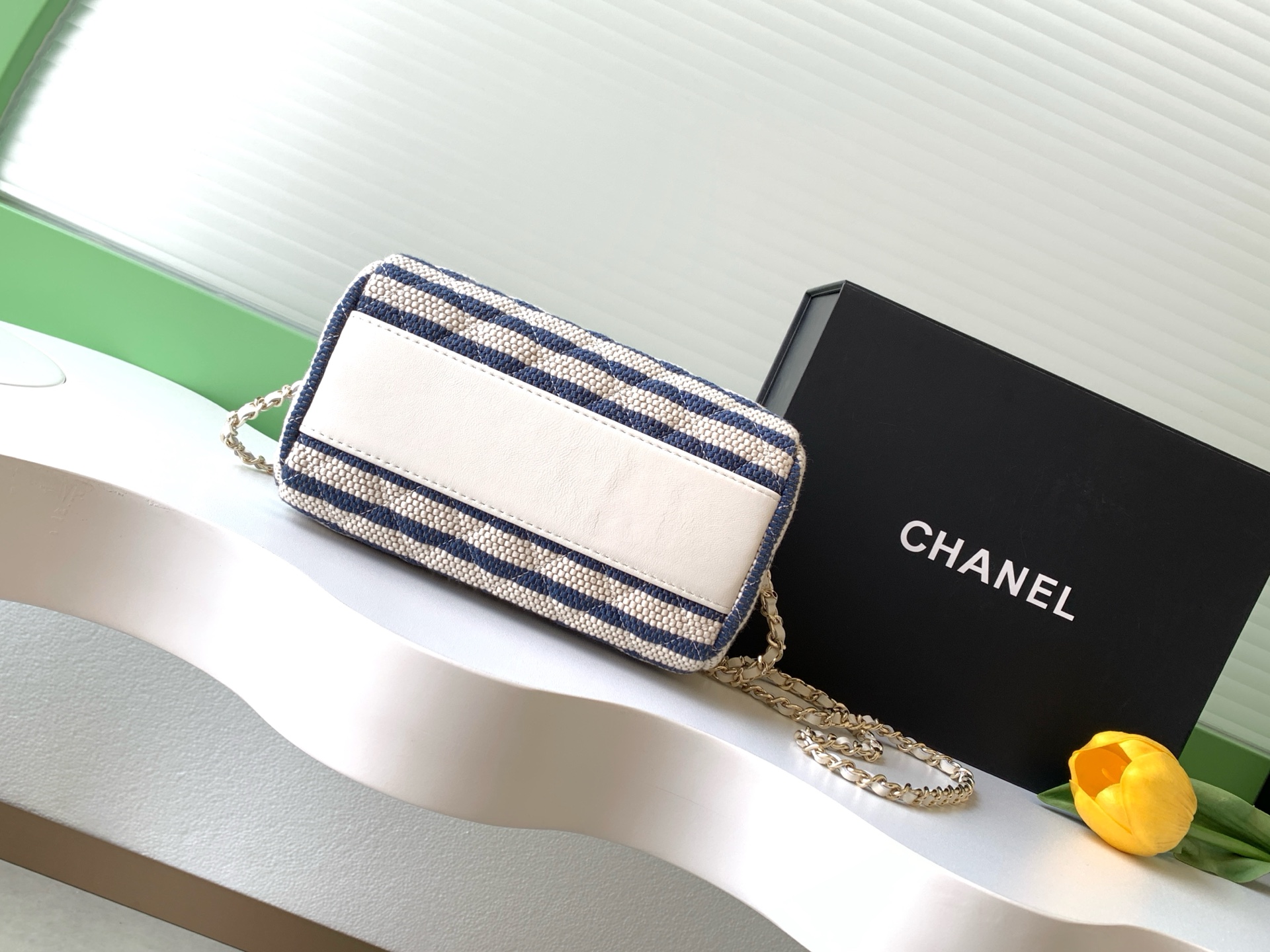 Deauville Striped Quilted Canvas Vanity Case / Box Bag in Navy Blue with Light Gold-Tone Hardware - Mocuir