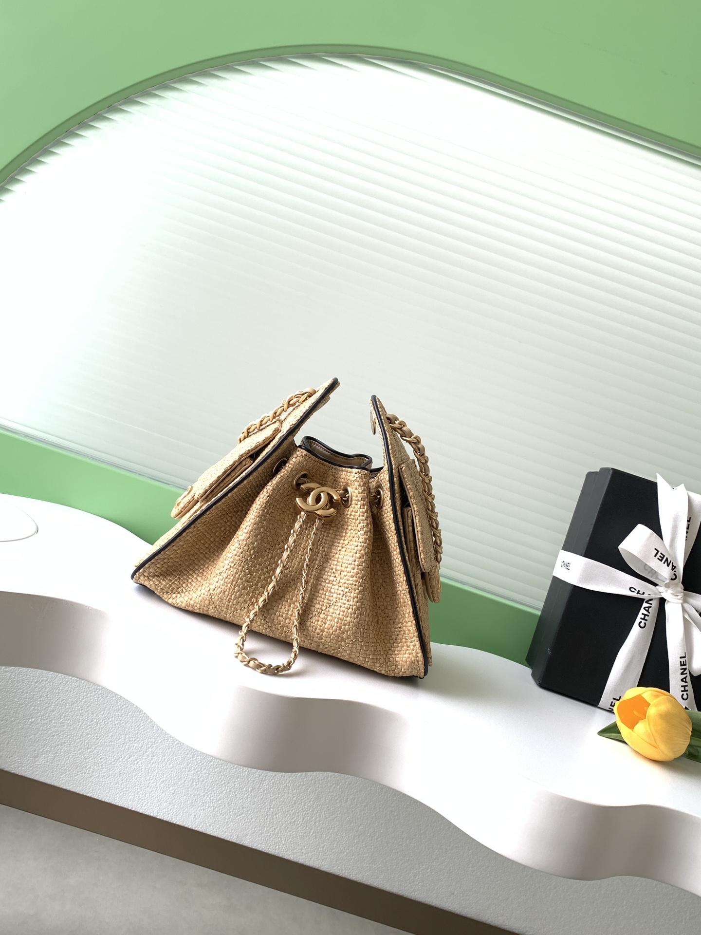 Small 25 Hobo Bag in Beige Braided Raffia (26C Cruise Collection) - Mocuir