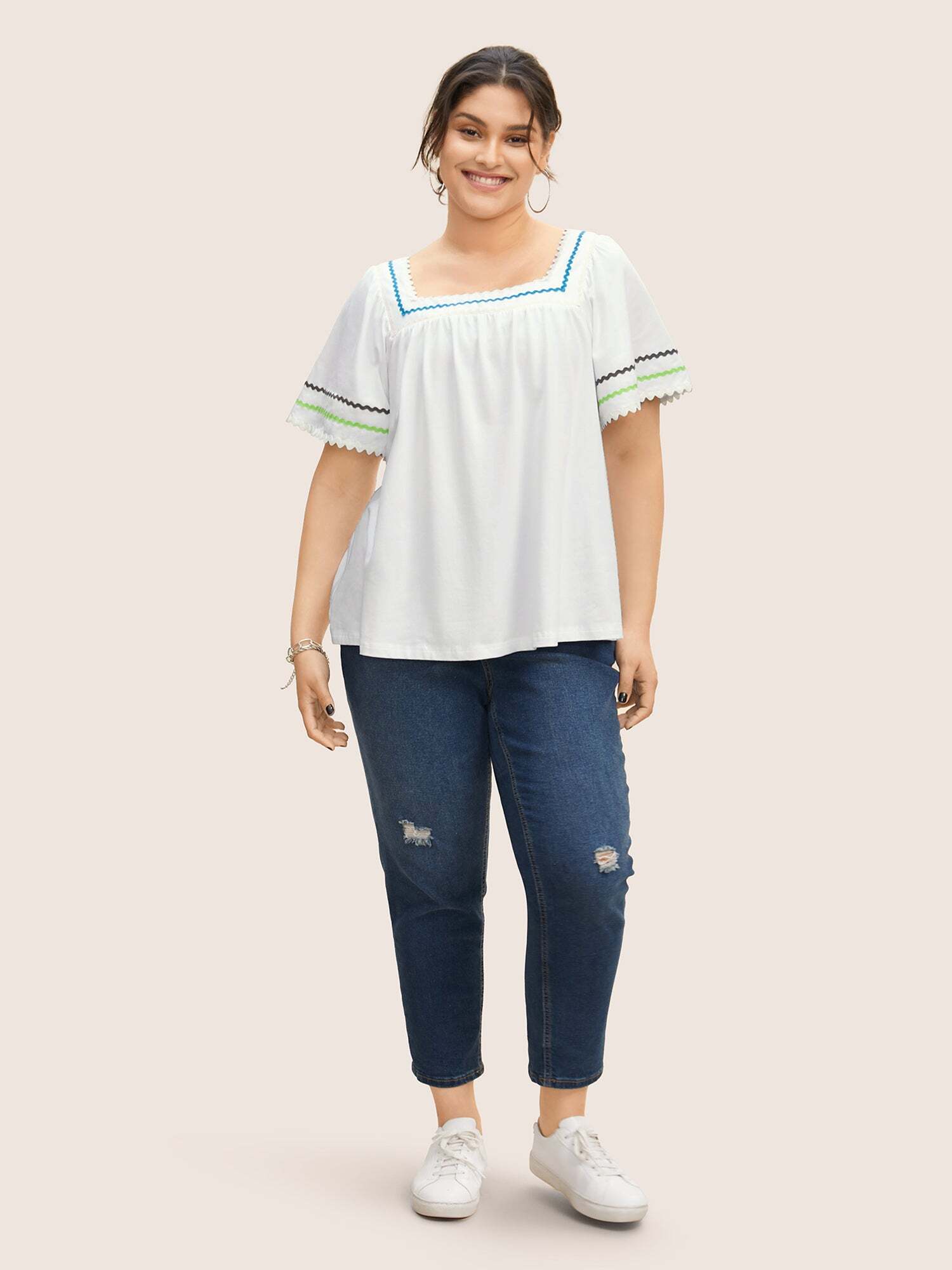 Square Neck Woven Ribbon Contrast Ruffle Sleeve T-shirt