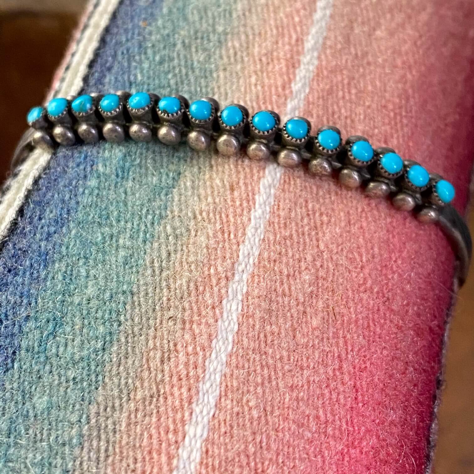 Old Zuni Turquoise Dots Row Bracelet in Sterling Silver