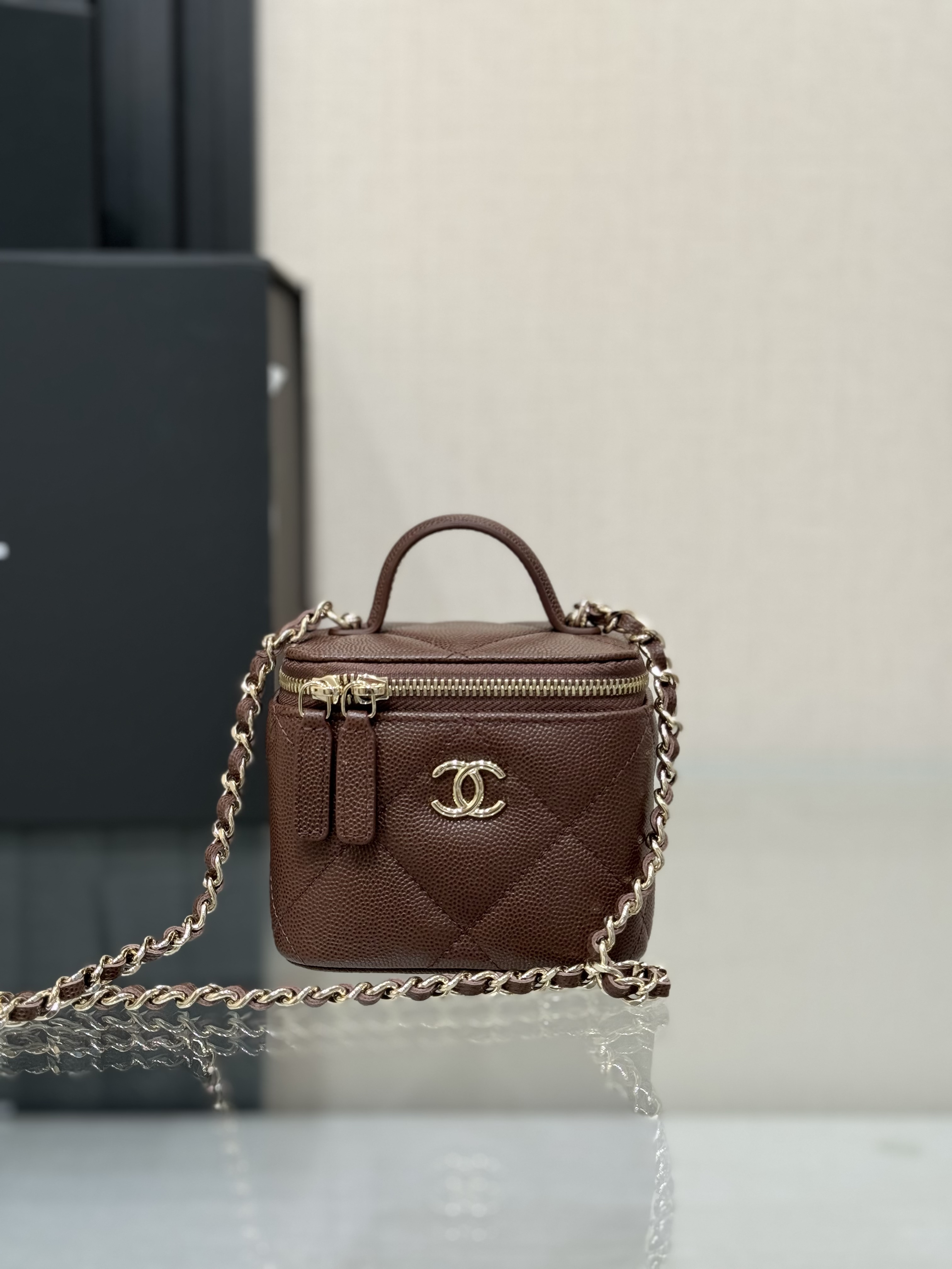 Mini Top Handle Vanity Case (AS5993) in Dark Brown Quilted Grained Calfskin (Caviar) with Antique Gold-Tone Hardware - Mocuir