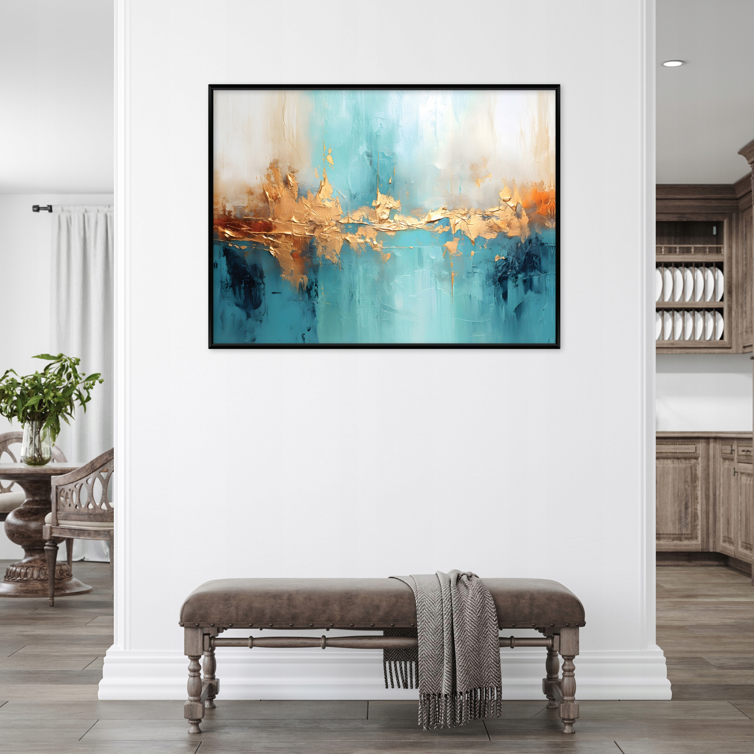 Black-framed canvas painting, abstract, turquoise, living room, bedroom, 60x40