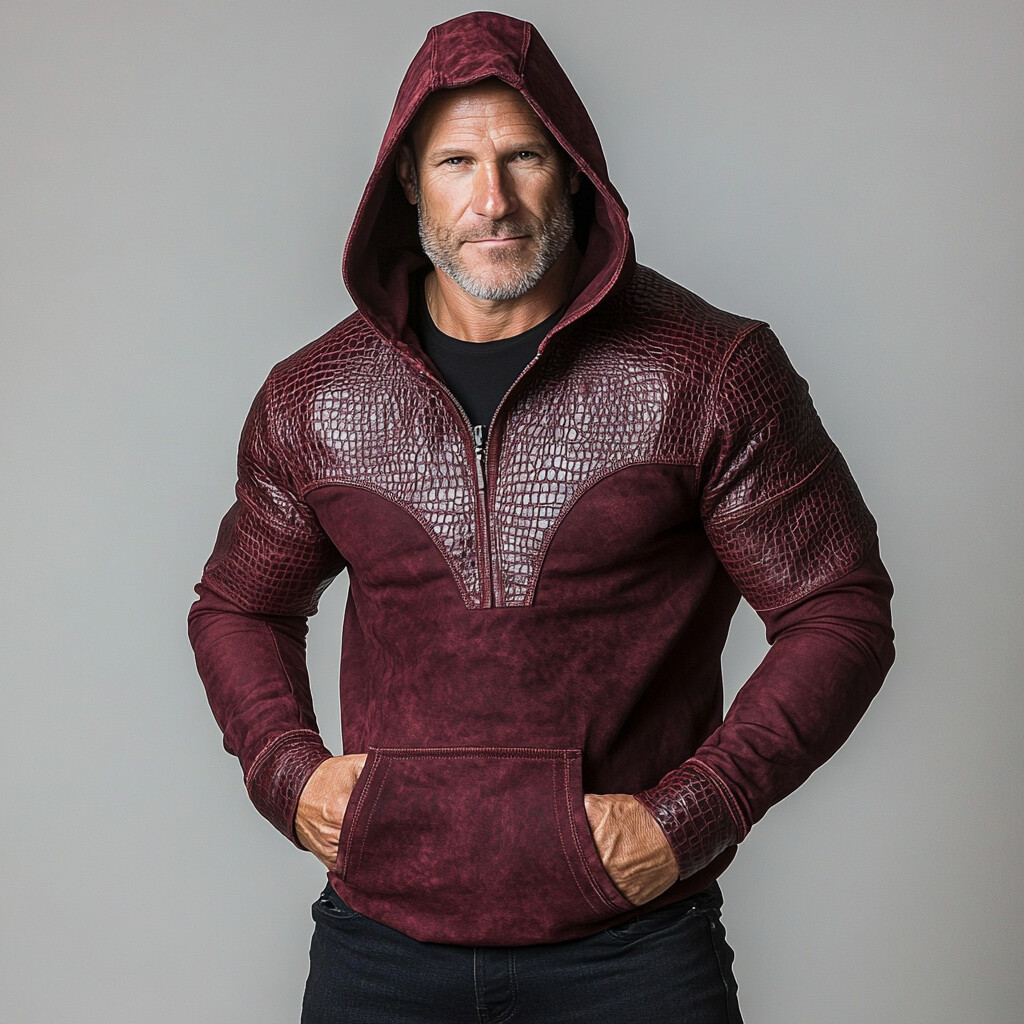 Men's Crocodile Pattern PU Leather Patchwork Half Zip Pocket Hoodie