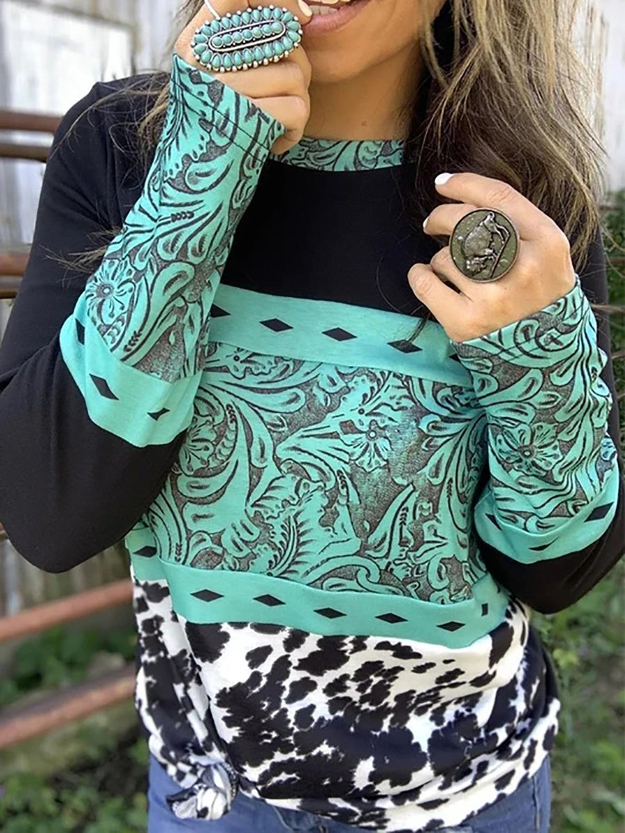 Women's Long Sleeve Patchwork Crewneck Casual Print T-Shirt