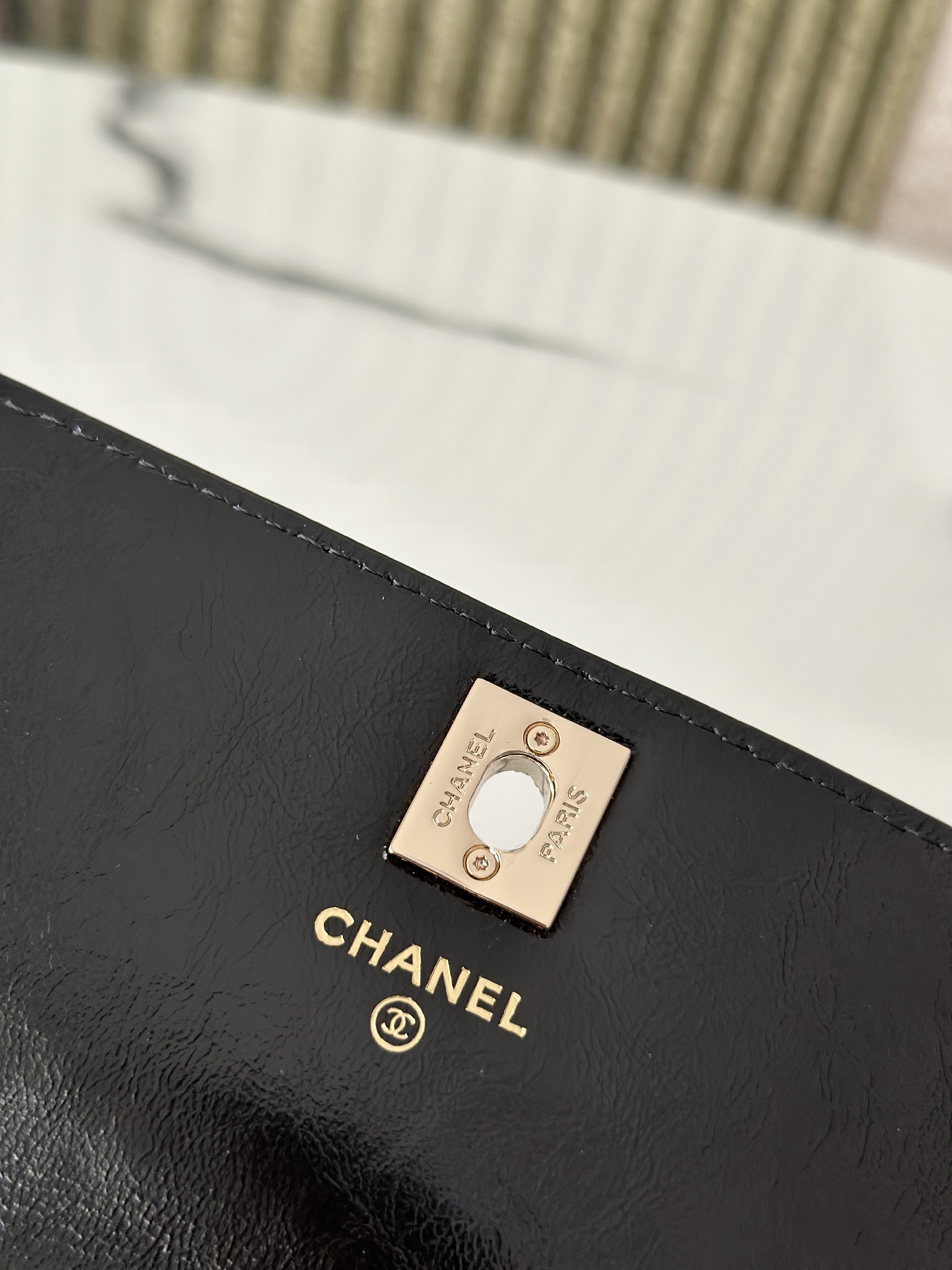 26C Black Shiny Calfskin Quilted Wallet On Chain (WOC) with Imitation Pearl & Crystal Handle - Mocuir