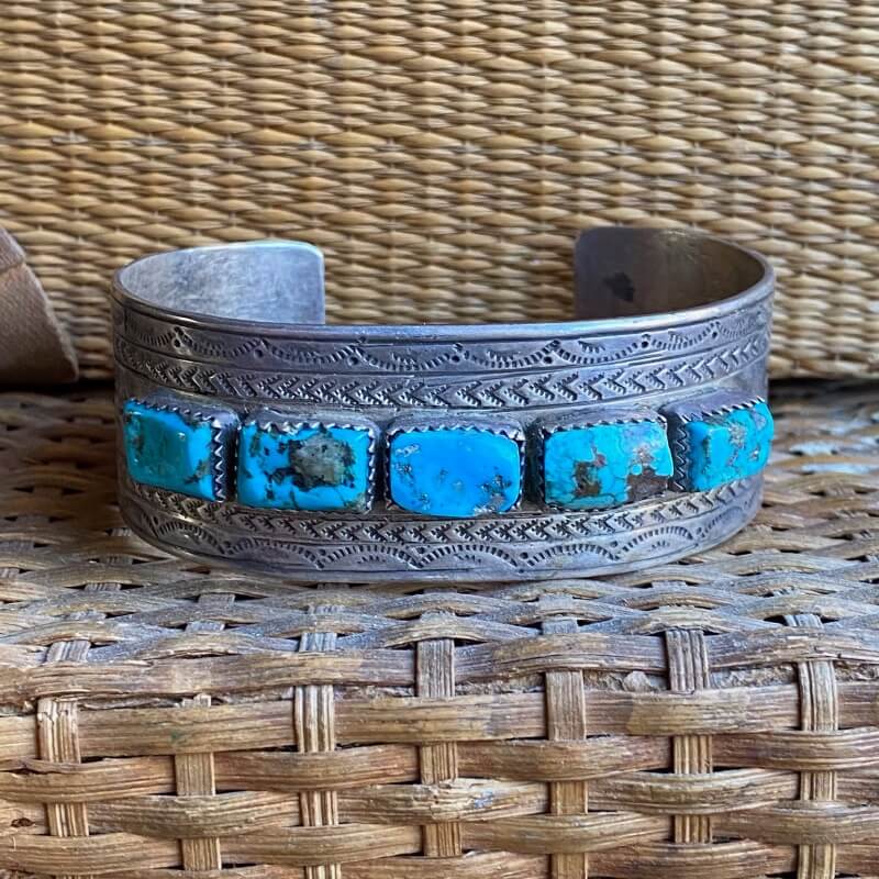 Navajo Stamp Decorated Cuff with Row Turquoise by Celina Yazzie Sterling