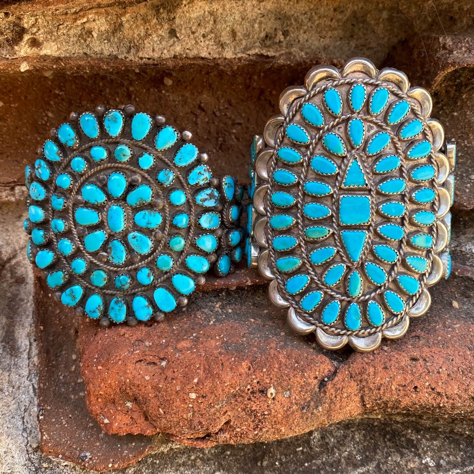 Vintage Zuni Turquoise Rosette Cluster Bracelet in Nickel Silver